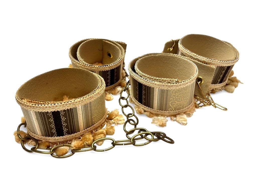 2 Pairs Mid Century Curtain Tie Backs Gold & Brown Fabric with Tassels and Chain