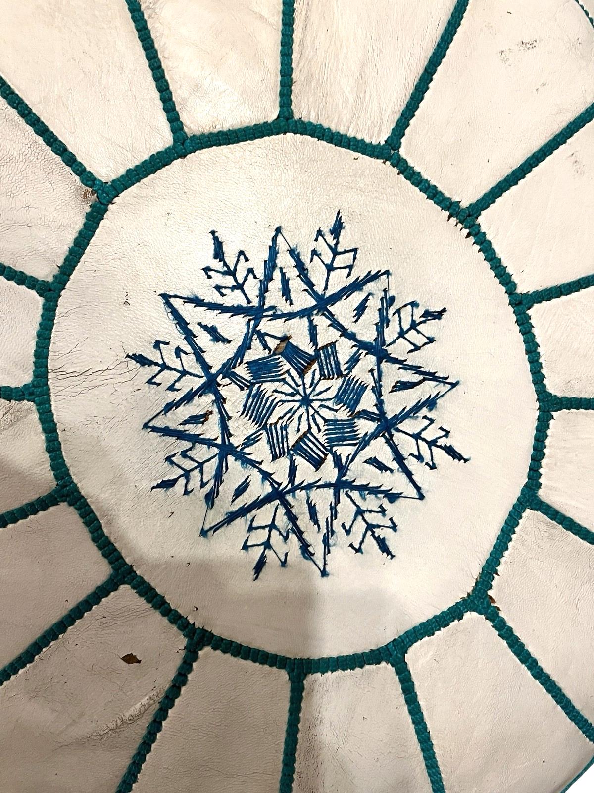 White leather moroccan pouffe 55×35 cm ottoman with turquoise stitching