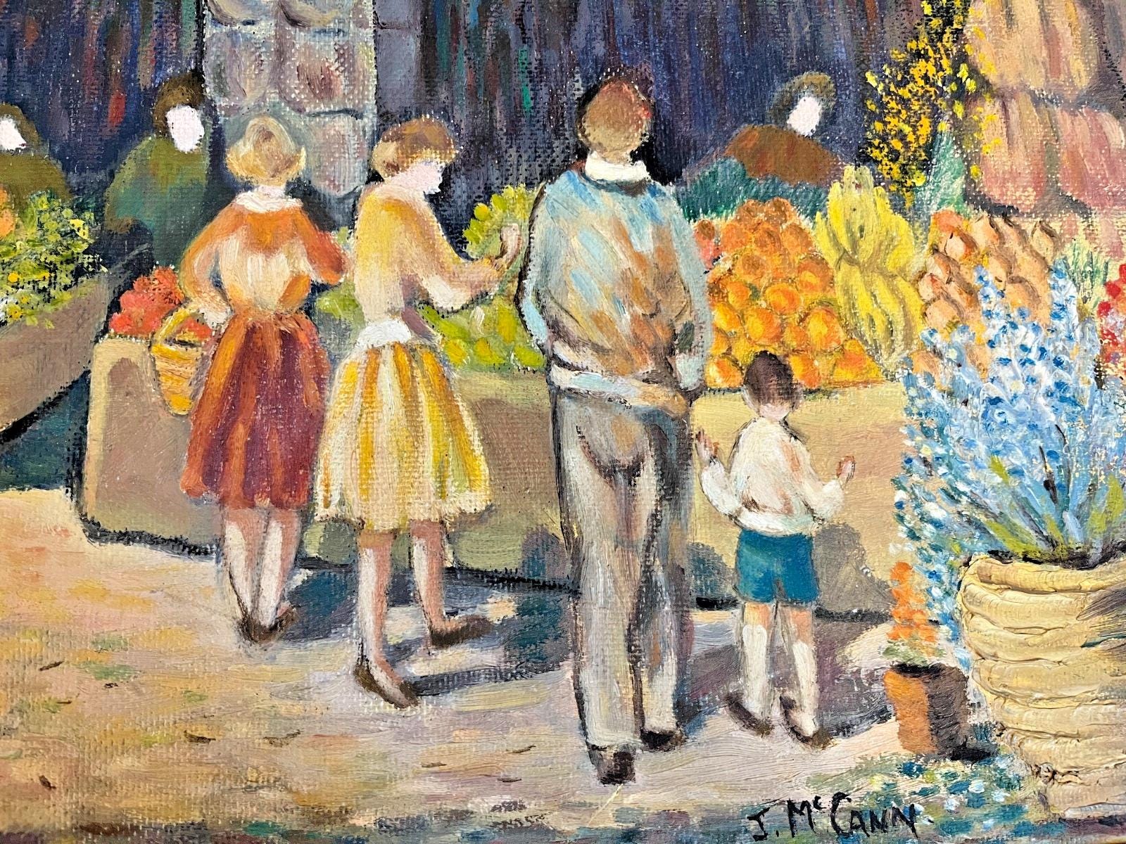 Vintage Oil Painting J McCann Market Scene Fruit Veg Stall Framed 65x57cm