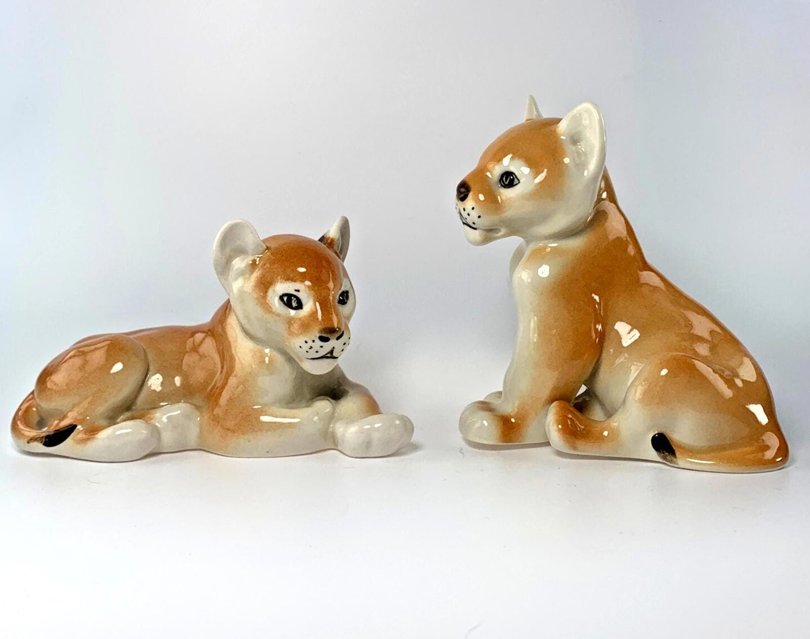 Mid Century Pair of Lomonosov Russian USSR Lion Cub Figurines. Vintage Lion Cub Ornaments