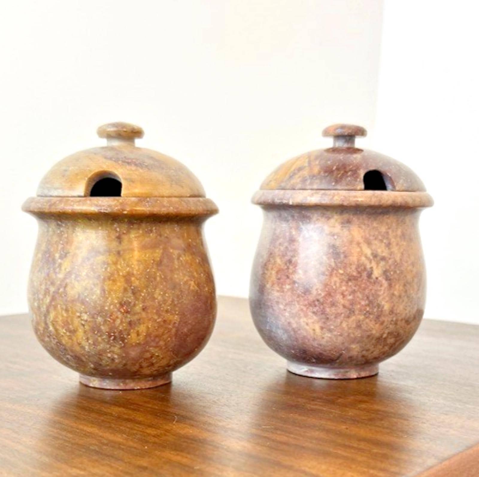 2 Vintage Soapstone Condiment Jars or Sauce Pots with Lids in Red Soapstone