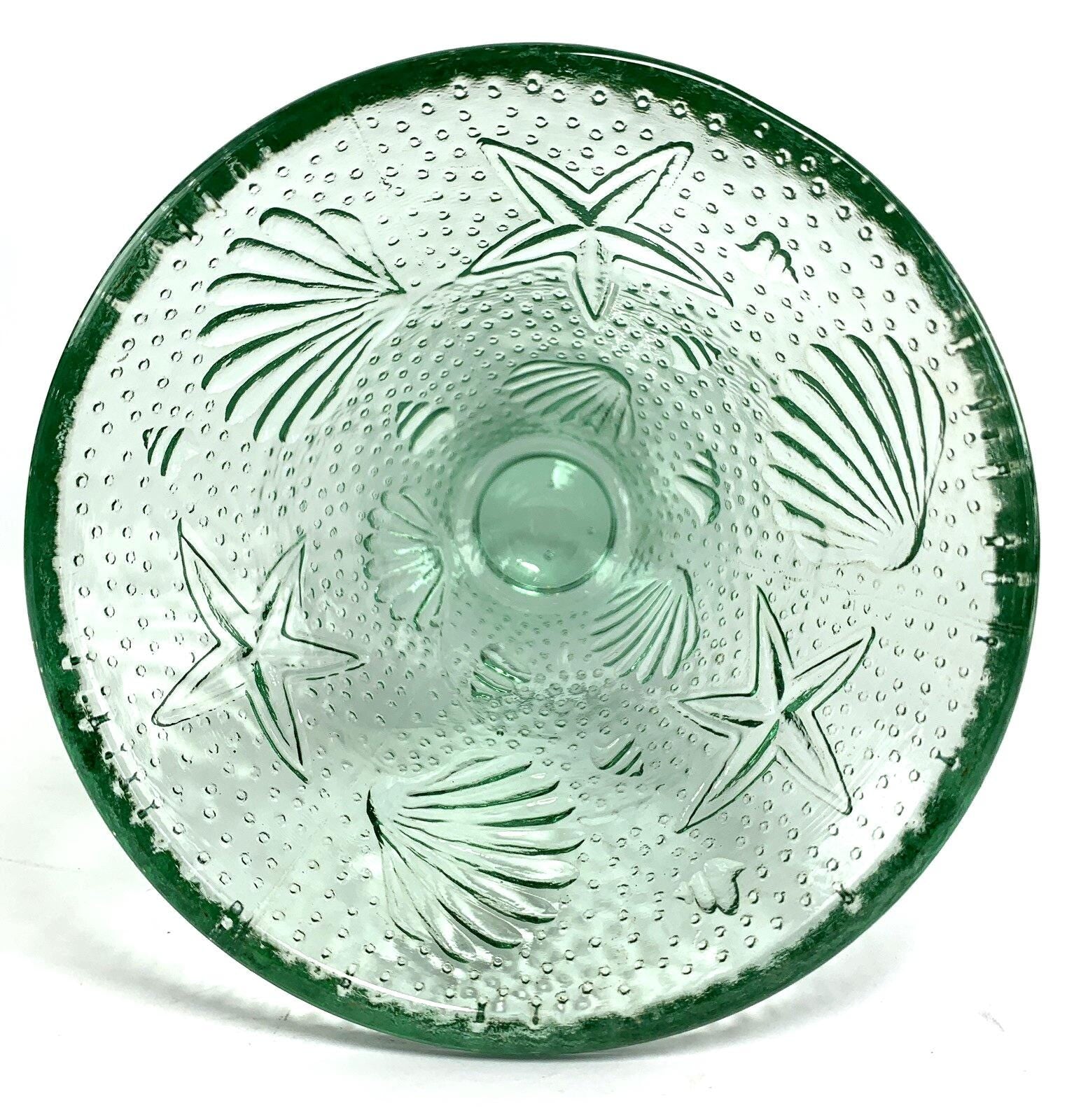 1940s Seashell & Starfish Aqua Glass Compote Dish or Decorative bowl