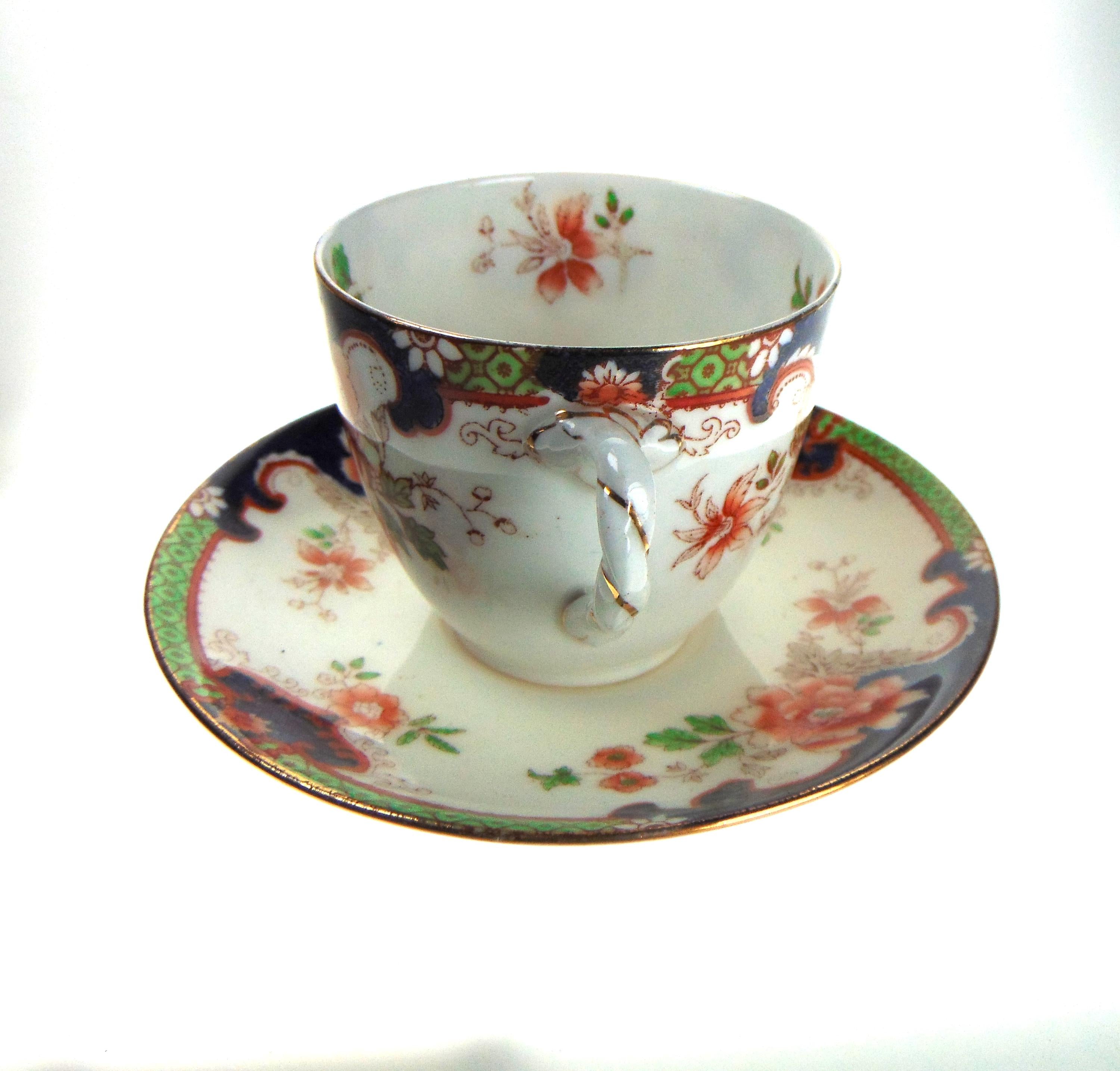 Royal Doulton Teacup and Saucer: Antique English Bone China, Imari Floral