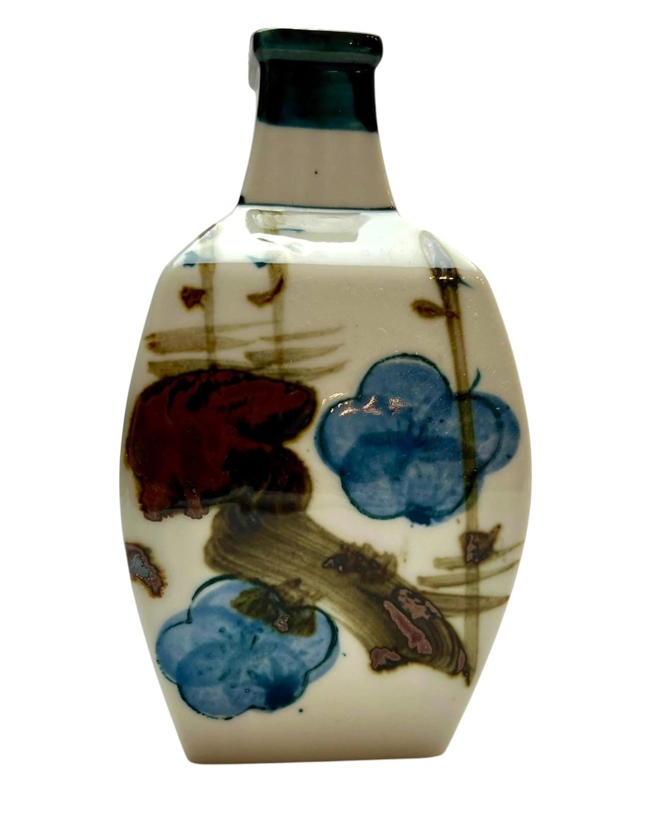 Japanese porcelain sake bottle square 14cm hand painted floral in blue/brown. Antique decorative bottle or vase