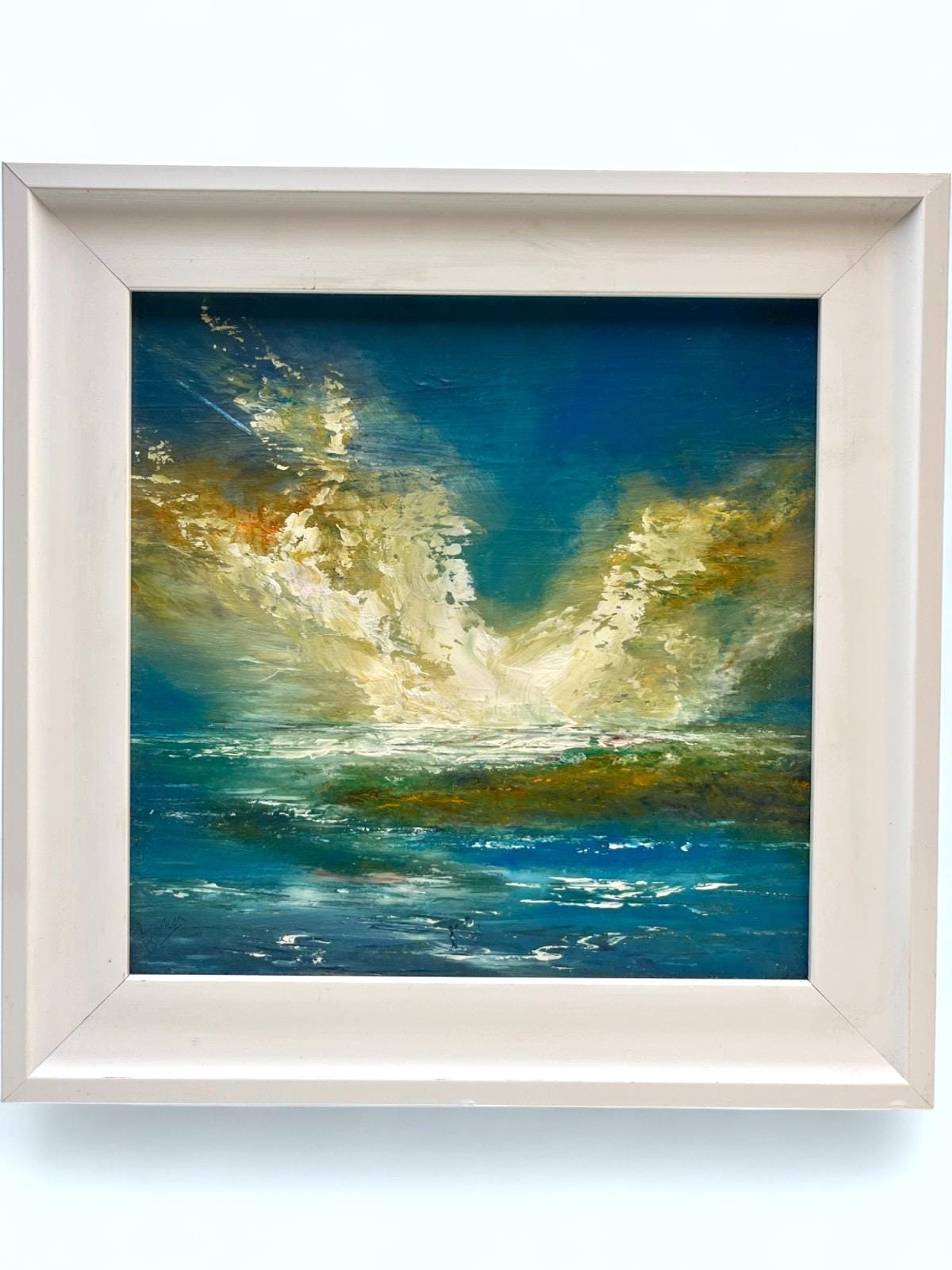 Abstract seascape oil painting signed by artist coastal scene framed 34x34cm