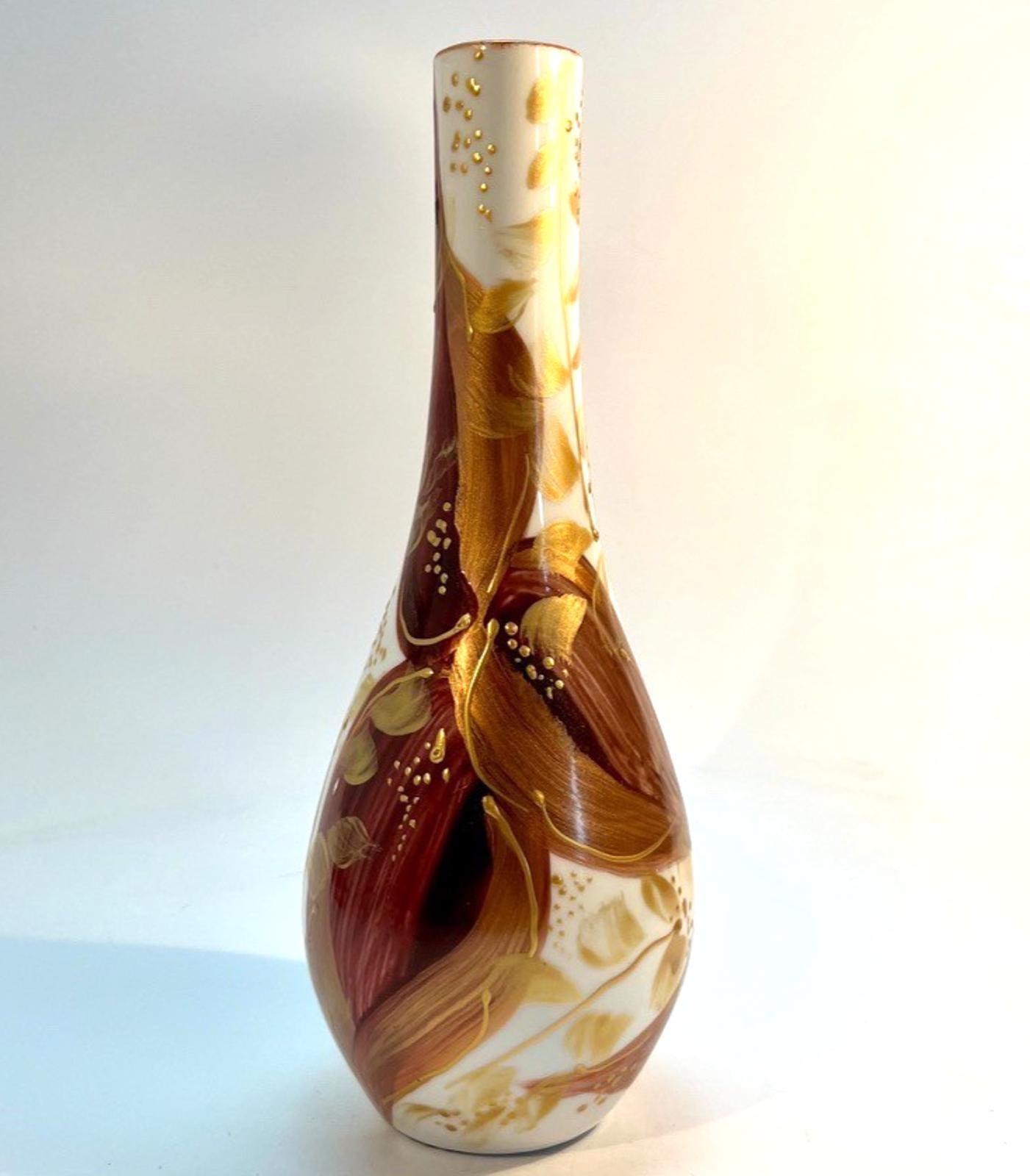 Vintage Hand Decorated Art Glass Vase – Brown & Gold Metallic Enamel, H20cm