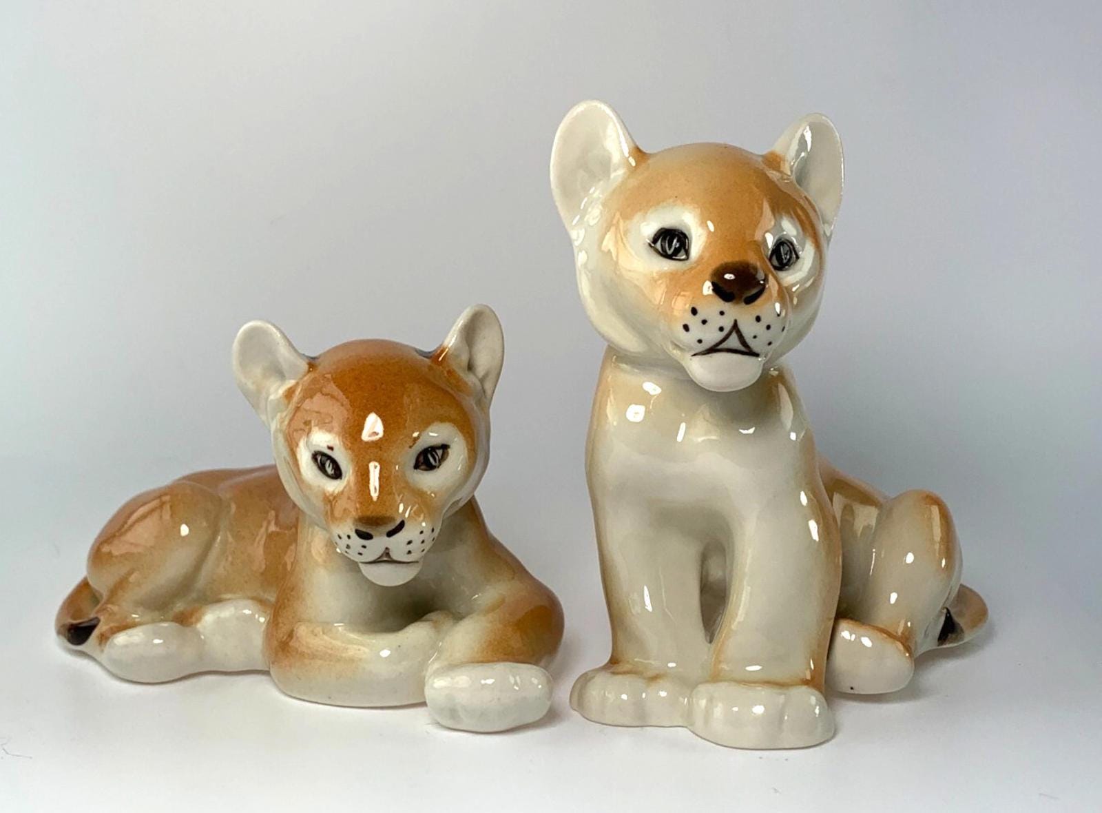 Mid Century Pair of Lomonosov Russian USSR Lion Cub Figurines. Vintage Lion Cub Ornaments