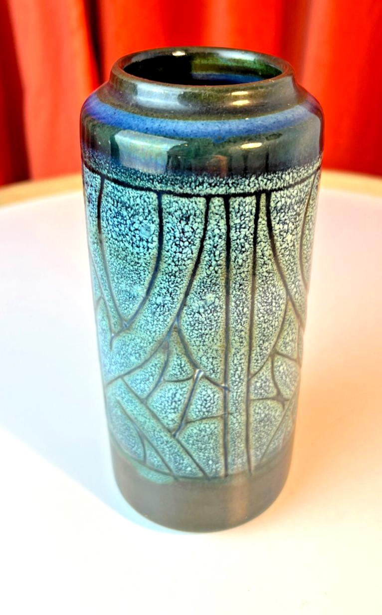 Mid Century Celtic Pottery Vase Newlyn Cornwall in Blue Medallion Pattern B89