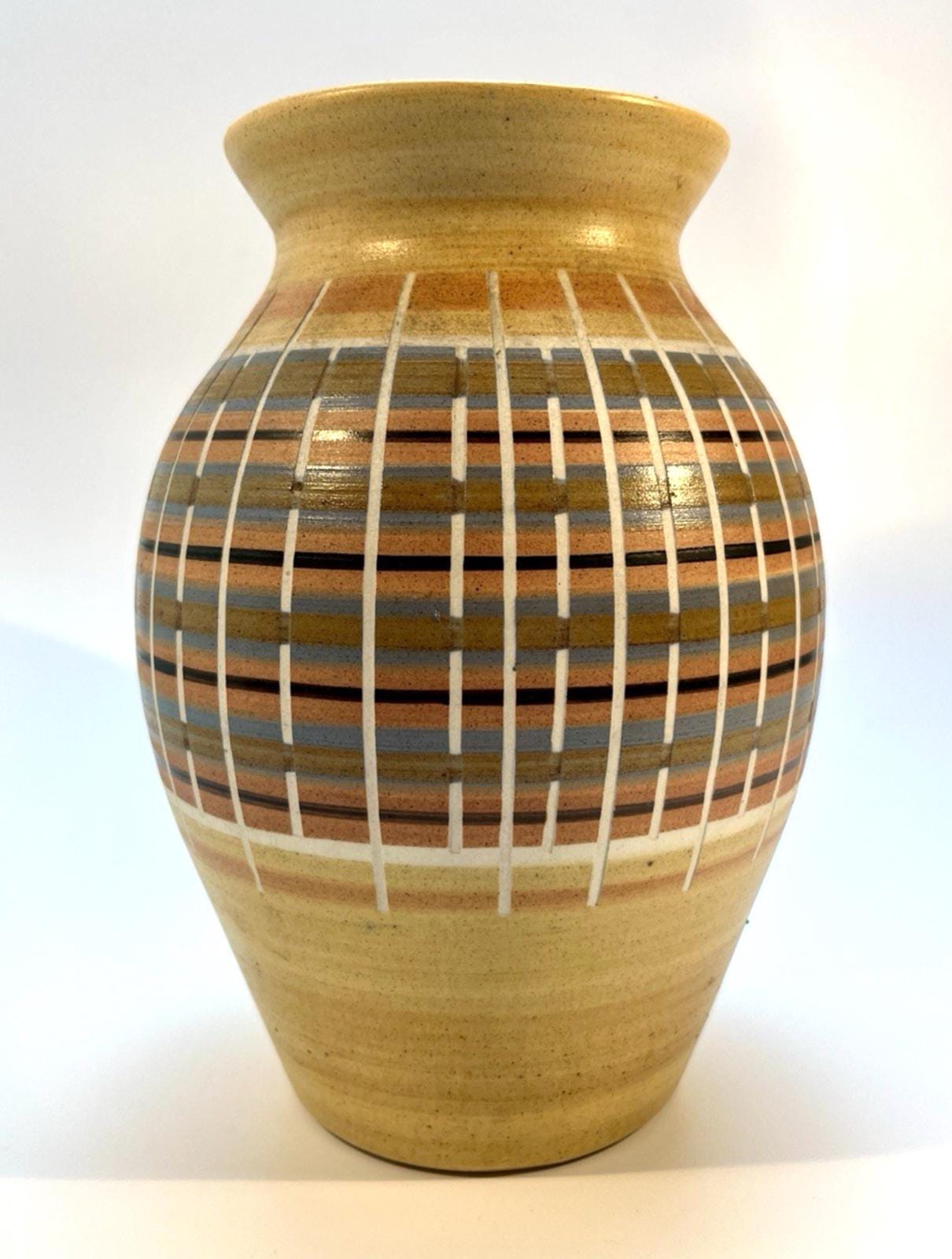 Kendal Pottery Vase Beige, Lake District Pottery Brown & Salmon Vintage H23cm VGC