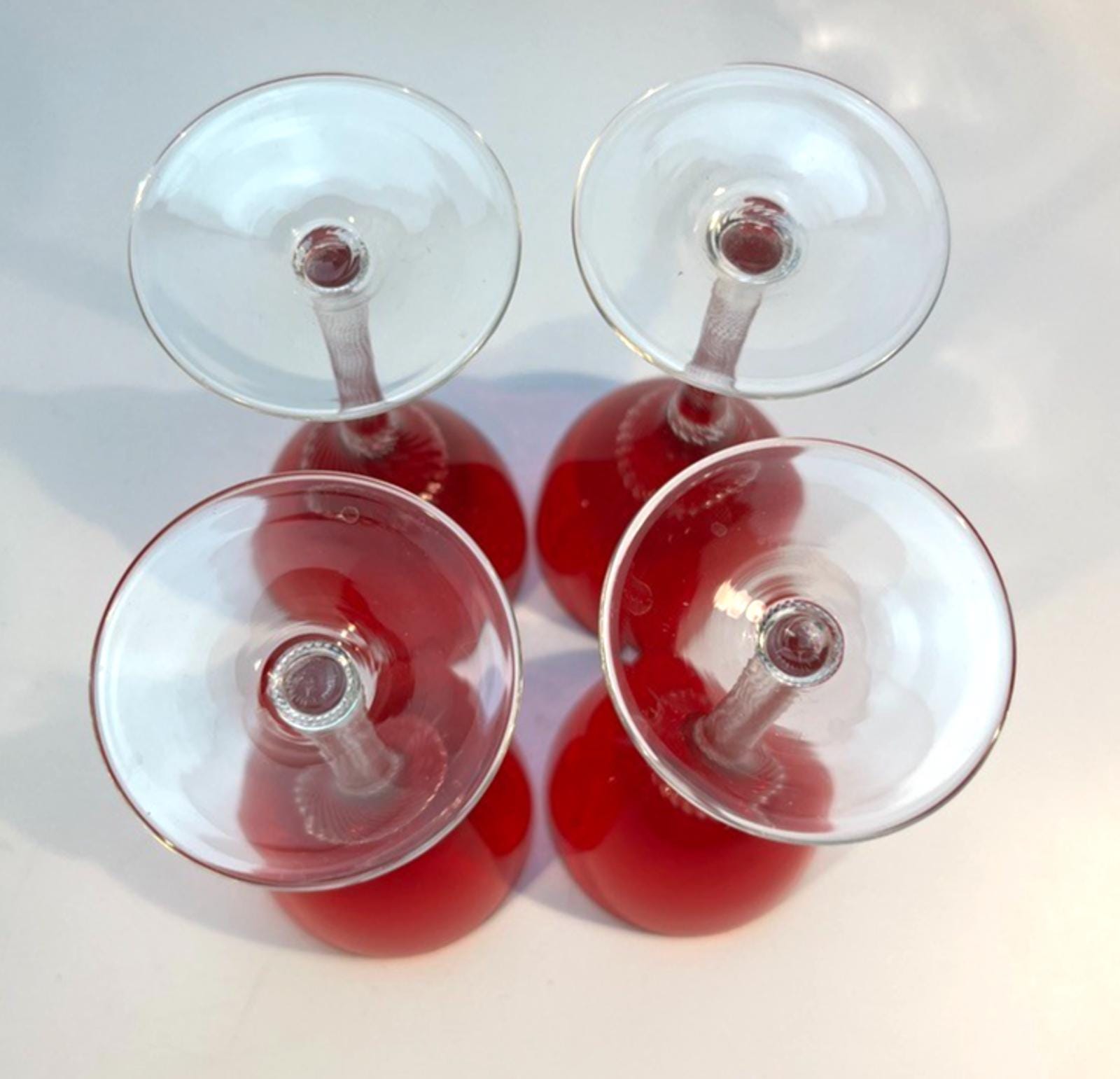 4 Bohemia Red Liquor Glasses Twisted Stem Glasses H14cm Mid Century Drinking VGC
