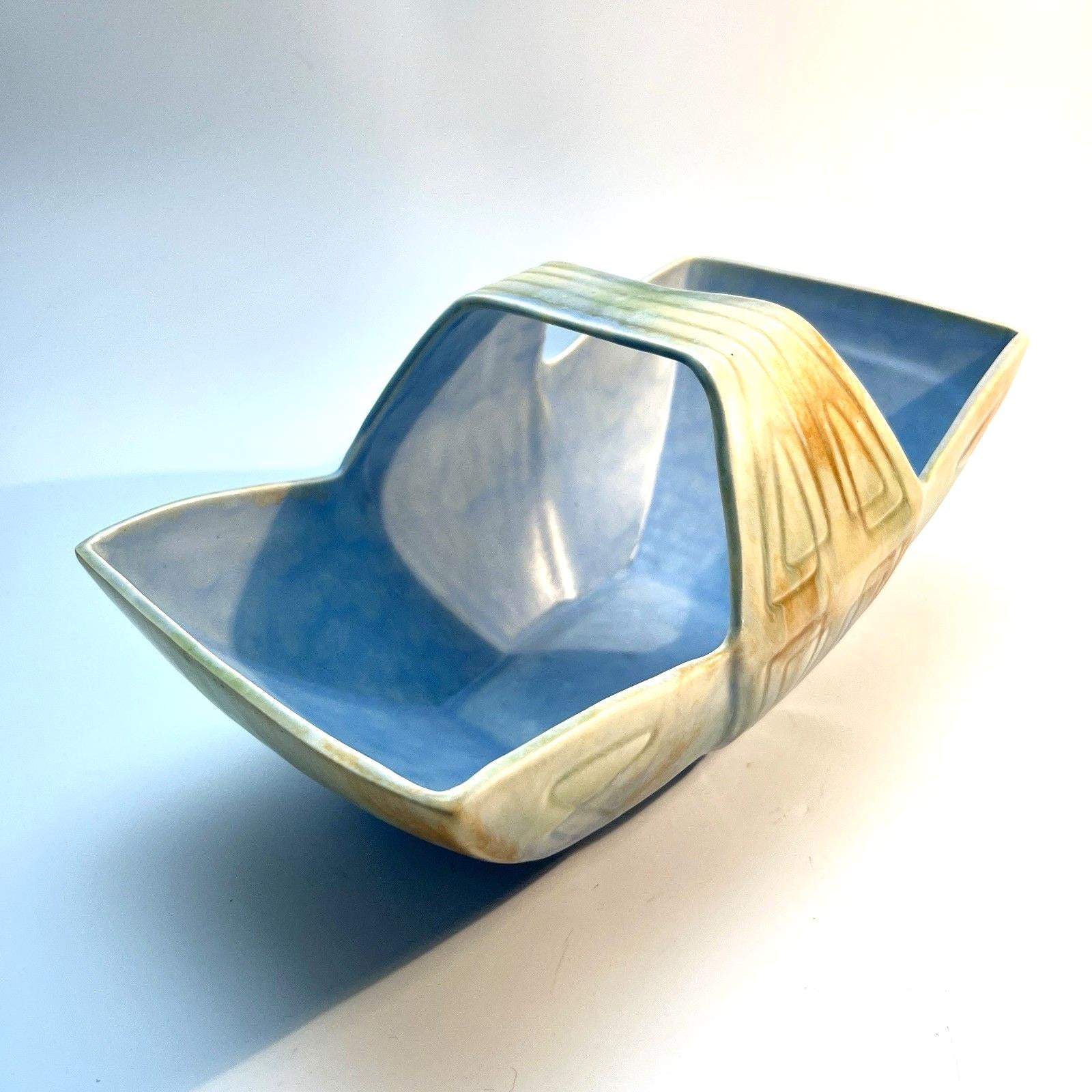 Beswick Pottery Hand Painted Basket Art Deco Number 475 in Blue & Beige Matte VGC