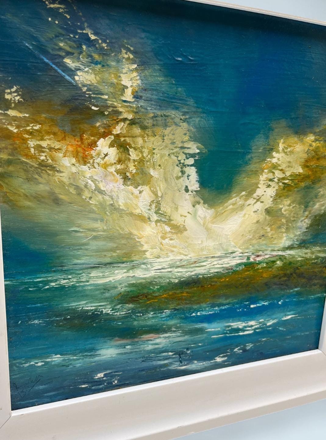 Abstract seascape oil painting signed by artist coastal scene framed 34x34cm