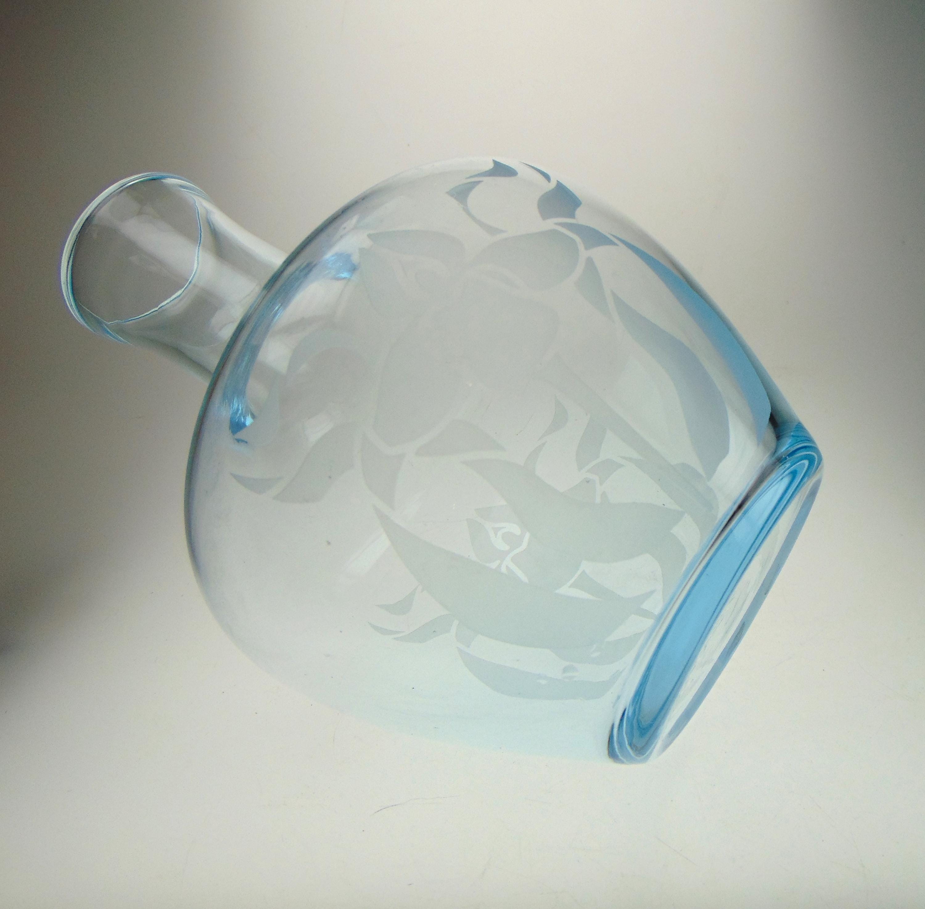 Vintage Ice Blue Glass Flower Vase: Acid Etched Floral Motif
