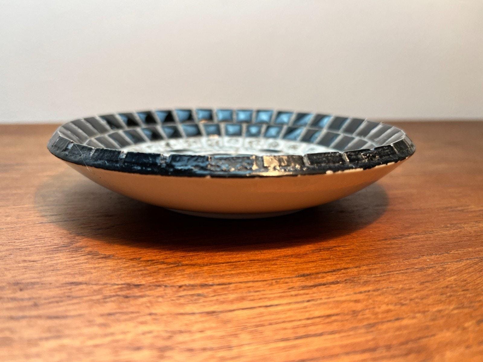 Vintage USSR Mosaic Tile Dish Black & White Circular Geometric Mid Century