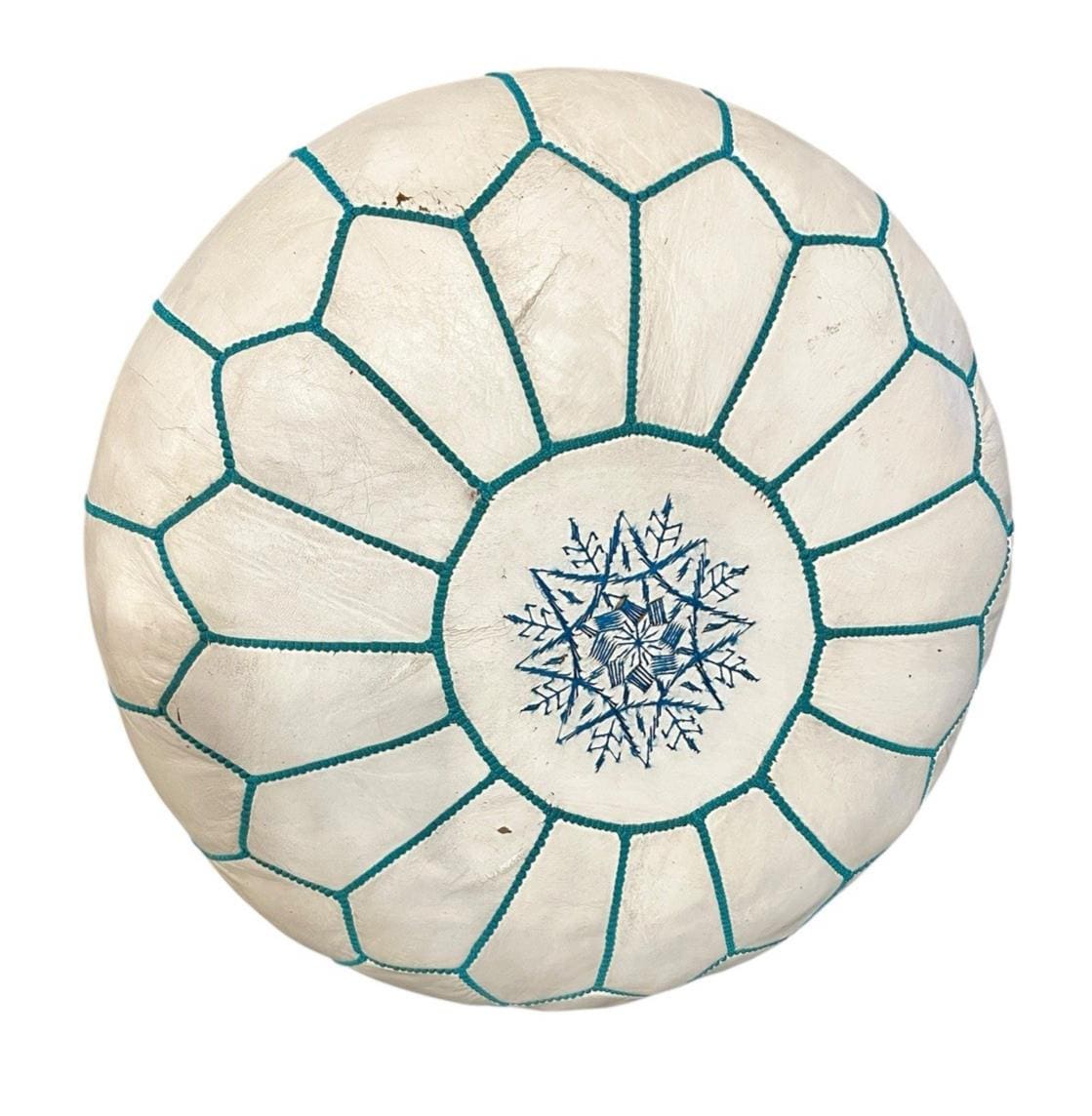White leather moroccan pouffe 55×35 cm ottoman with turquoise stitching