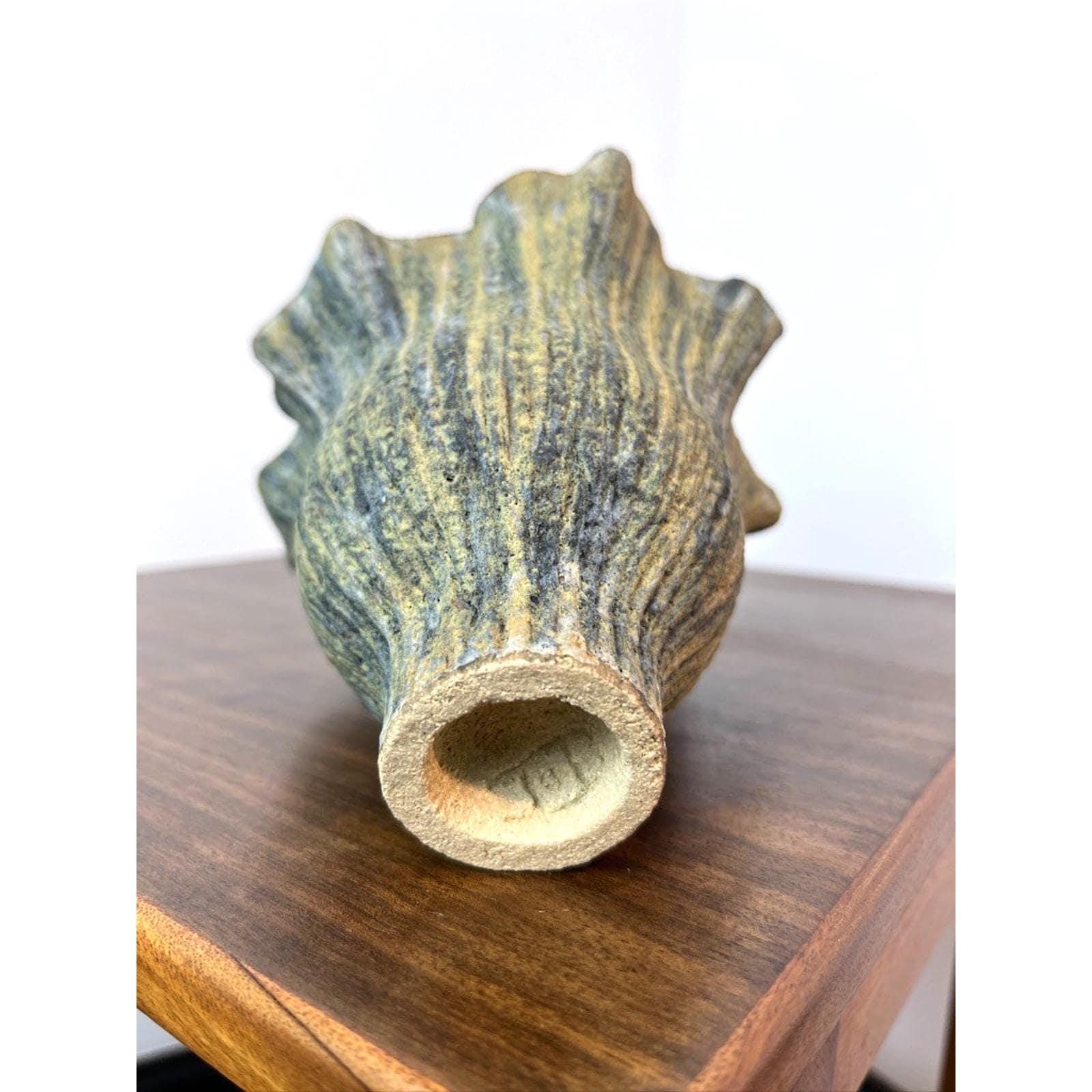 Signed handmade ikebana vase, vintage handkerchief pottery vase green sculptural