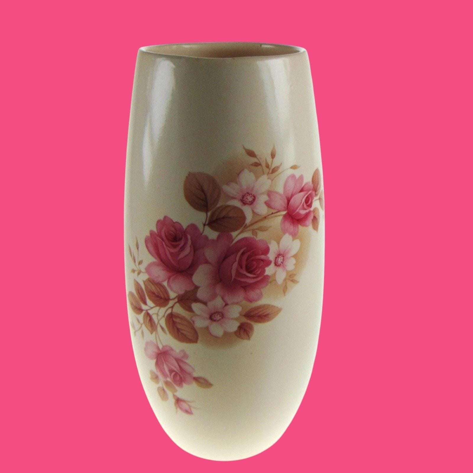 Vintage New Devon Pottery Vase – 1950s Pink & Cream Floral Ceramic Flower Vase