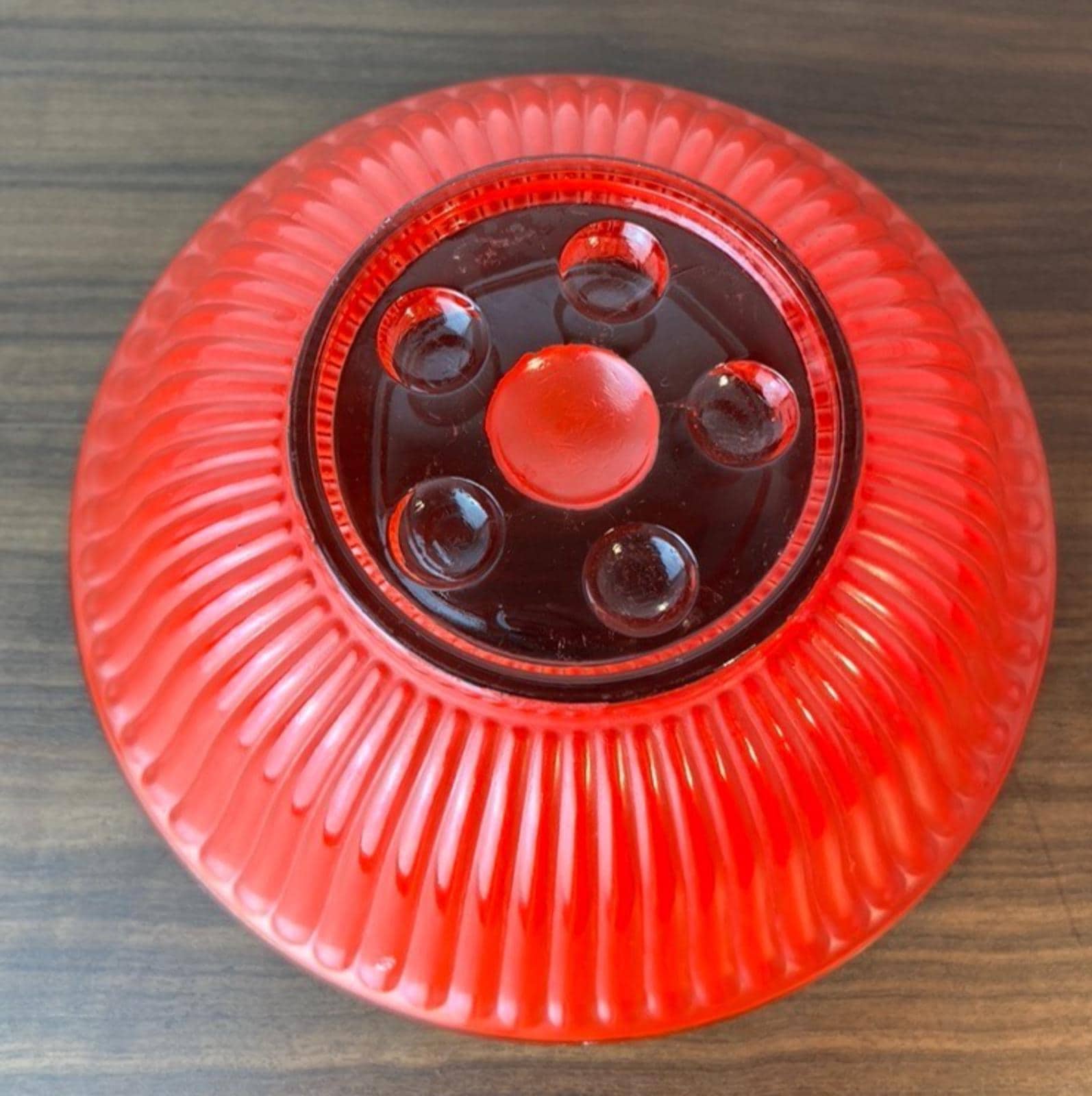 1950s Serving Bowl in Red & Clear Glass. Rippled Glass Pattern