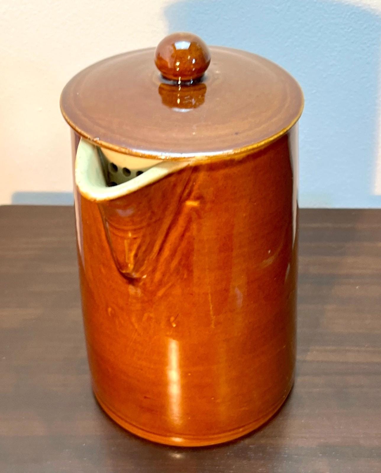 Vintage Brown Glazed Stoneware Coffee Pot with Lid – Rustic Retro Kitchenware