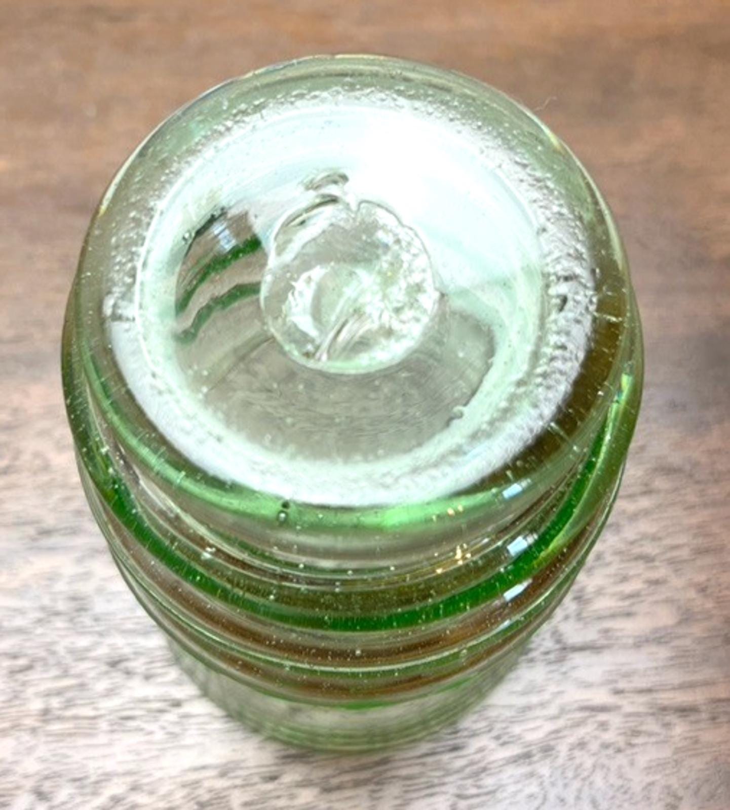 Vintage Green Etched Glass Tumbler – Sailing Ship Motif, Ribbed Base, 10 cm