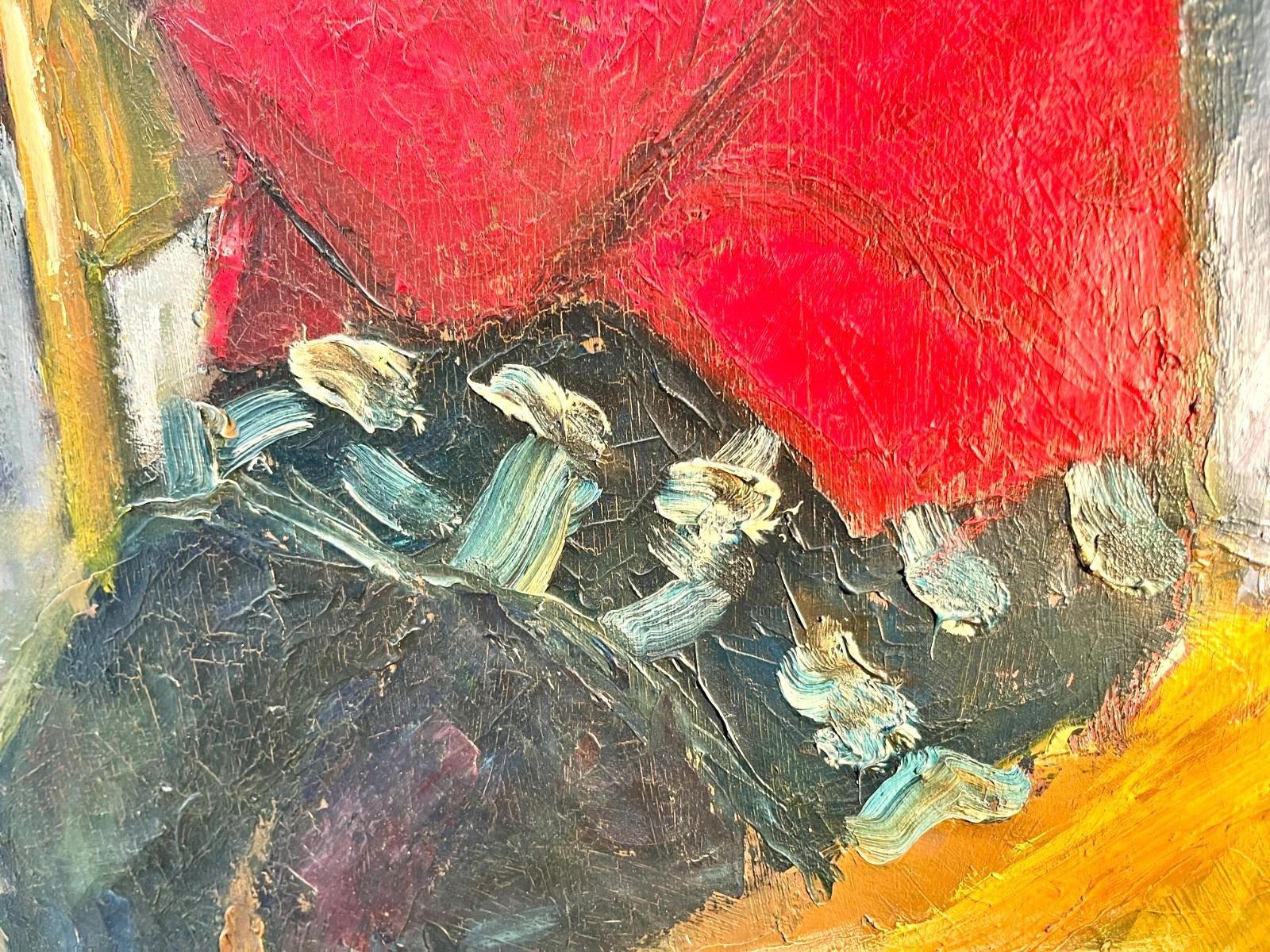 Vintage mid century oil painting child portrait boy in red sweater expressionist