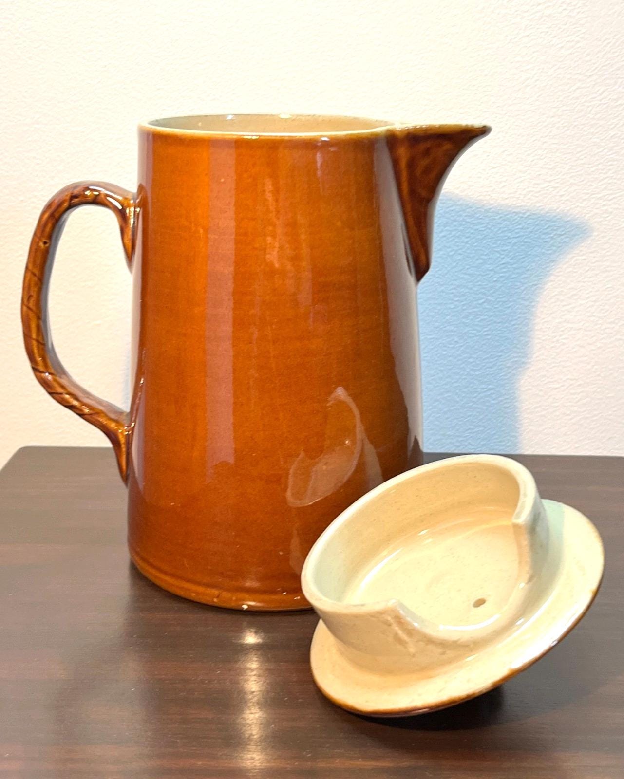 Vintage Brown Glazed Stoneware Coffee Pot with Lid – Rustic Retro Kitchenware