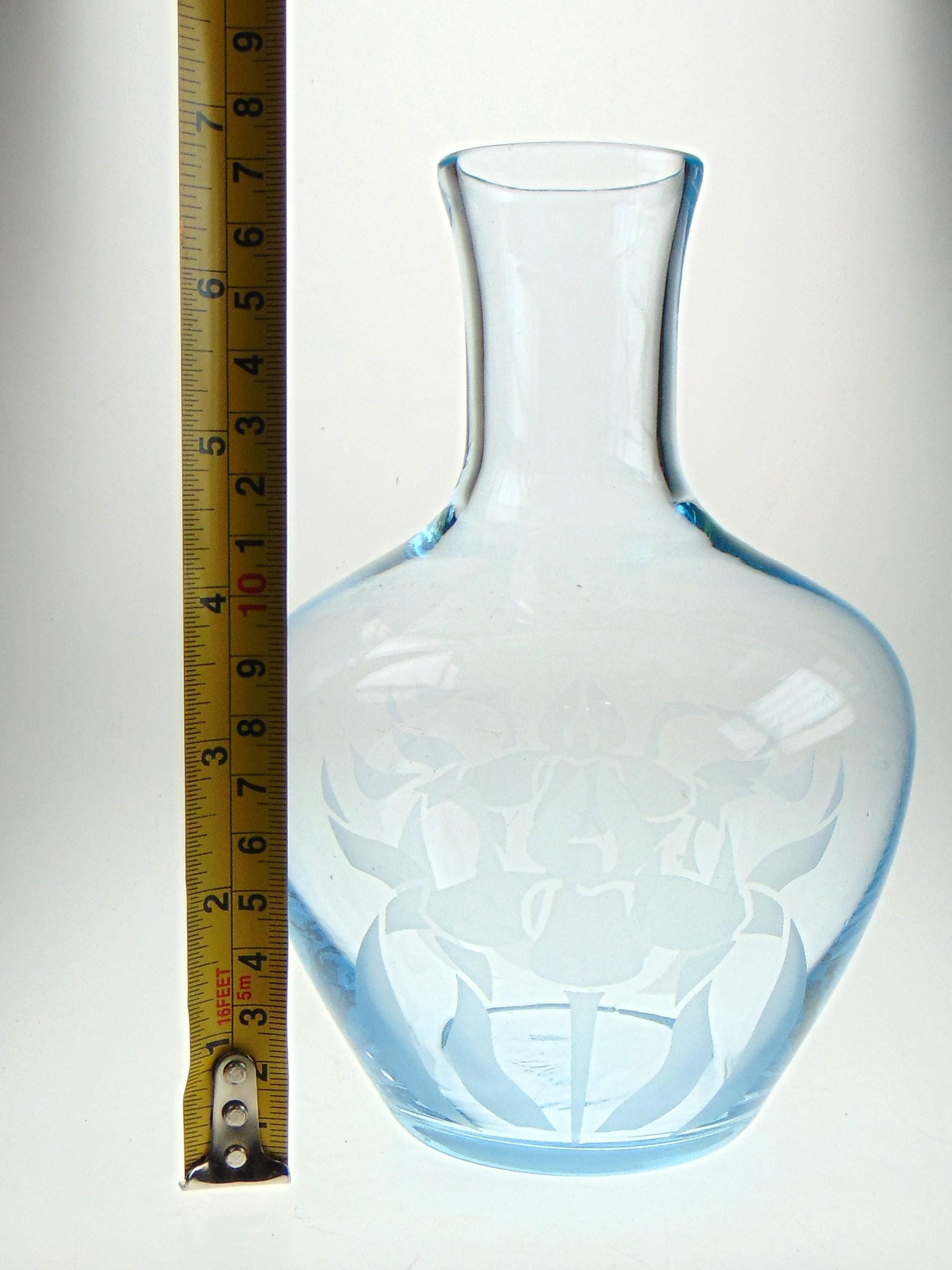 Vintage Ice Blue Glass Flower Vase: Acid Etched Floral Motif