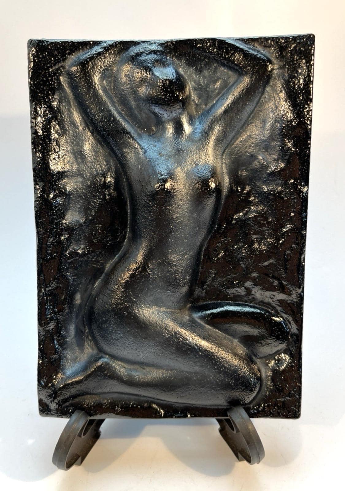Vintage Nude Woman Plaque Black Ceramic Pottery Art Kneeling Female Figure, 18cm
