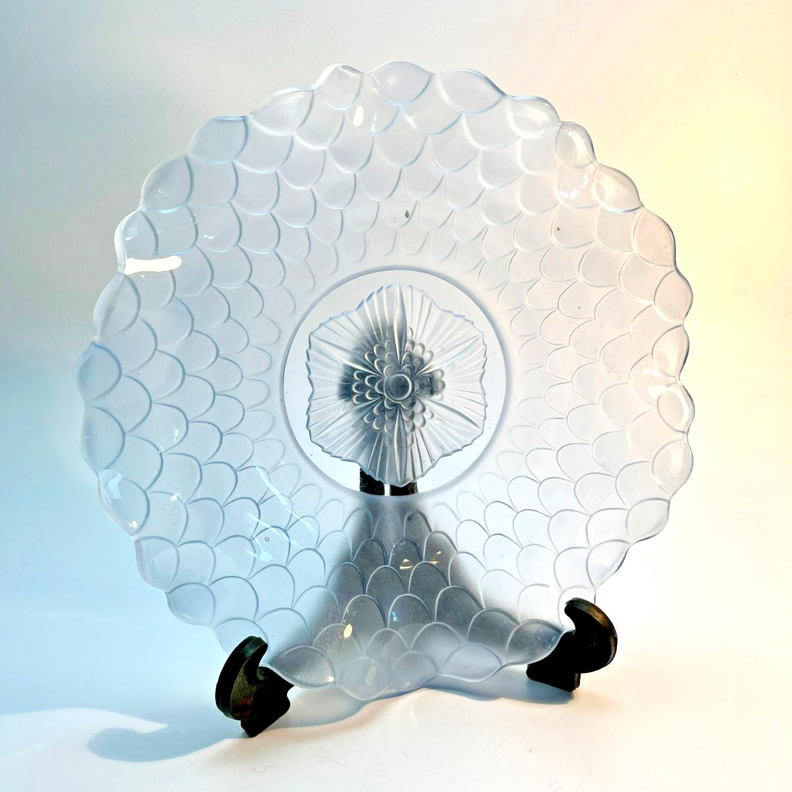 Art Deco Bagley Blue Glass Plate: Fish Scales Pattern No 3067, 1930s