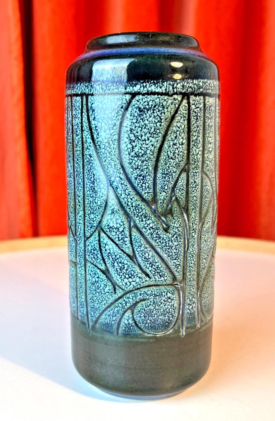 Mid Century Celtic Pottery Vase Newlyn Cornwall in Blue Medallion Pattern B89