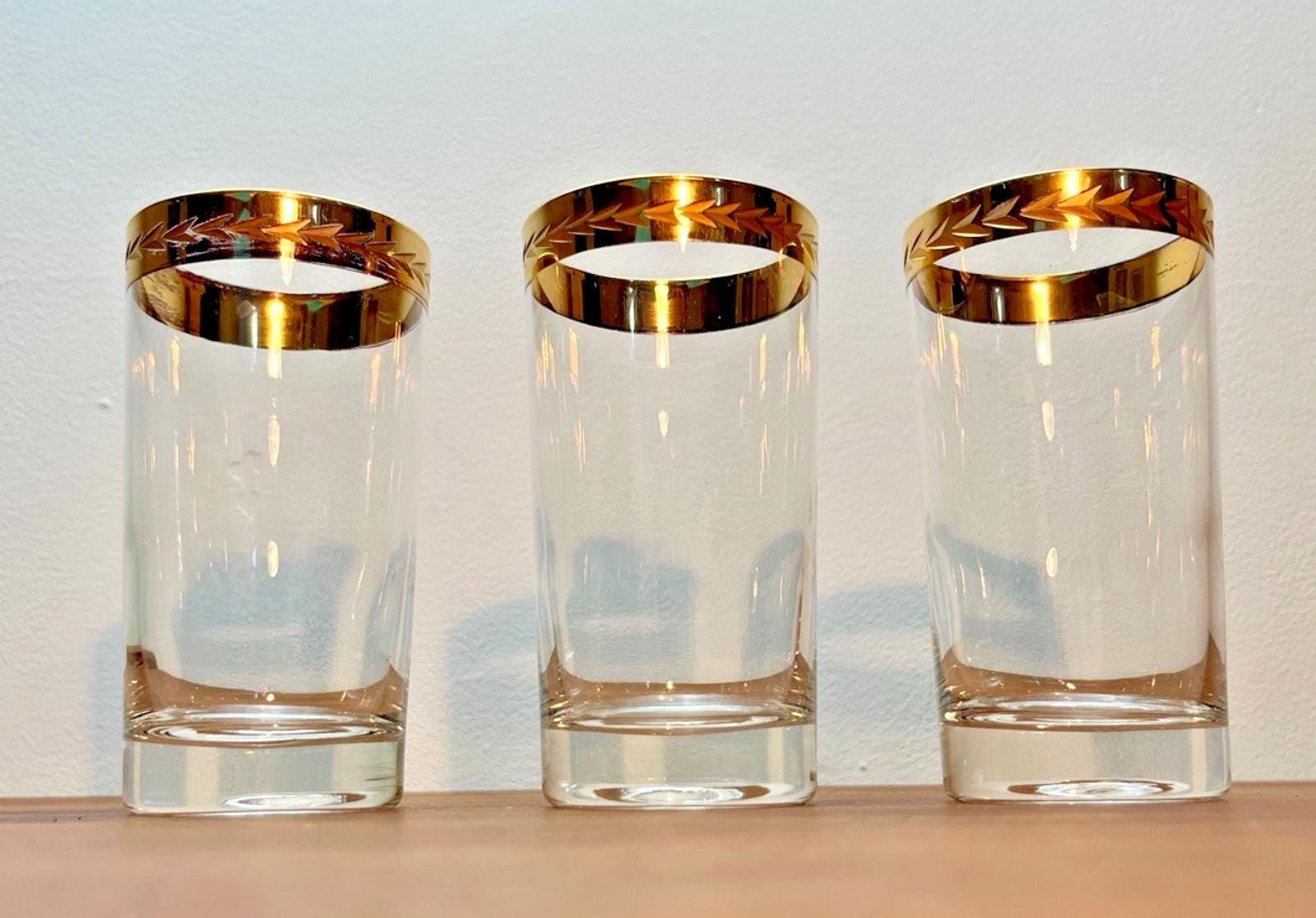 Set of 3 Vintage Retro Highball Glasses with 22ct Style Gold Rim, Barware