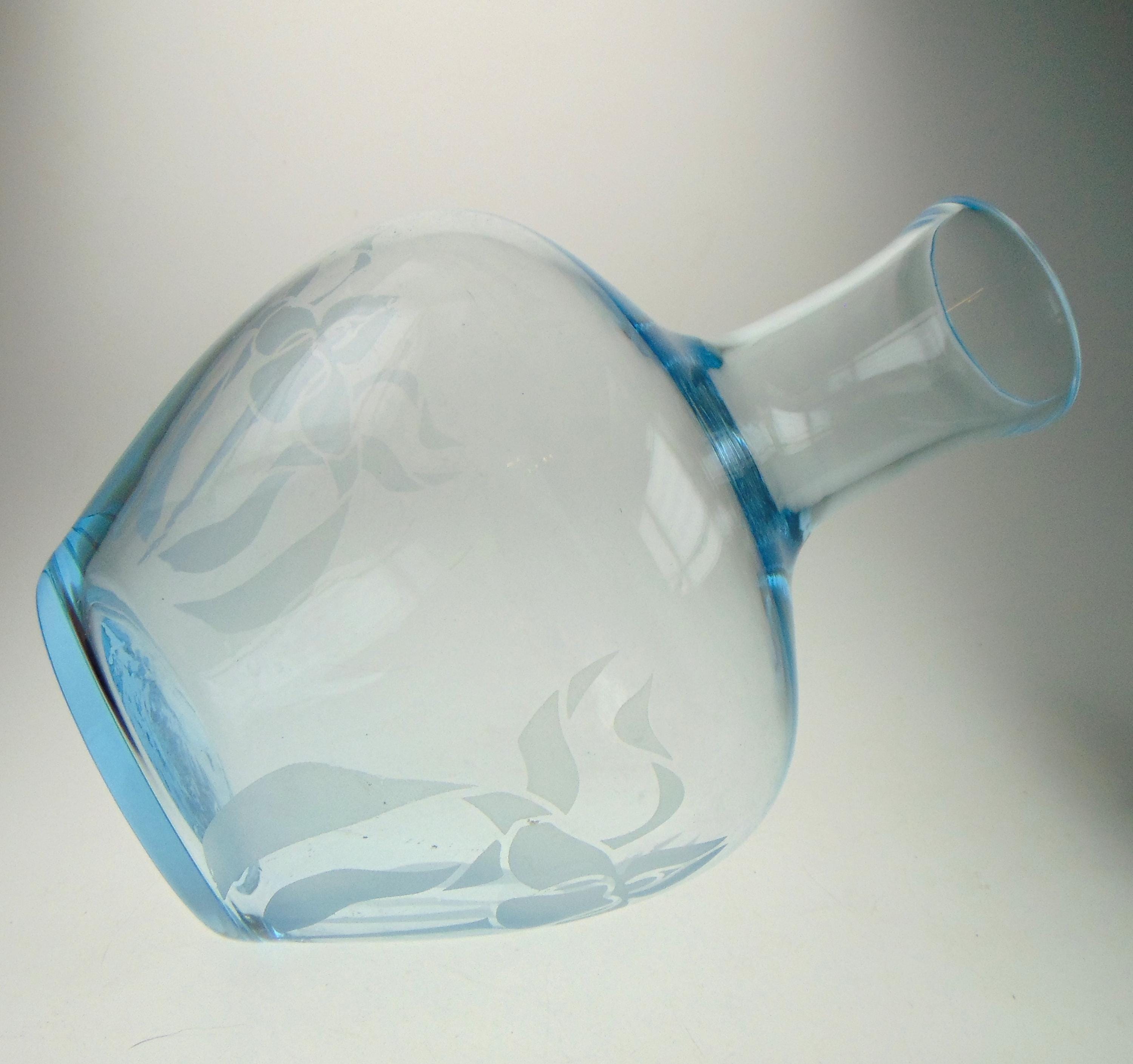 Vintage Ice Blue Glass Flower Vase: Acid Etched Floral Motif