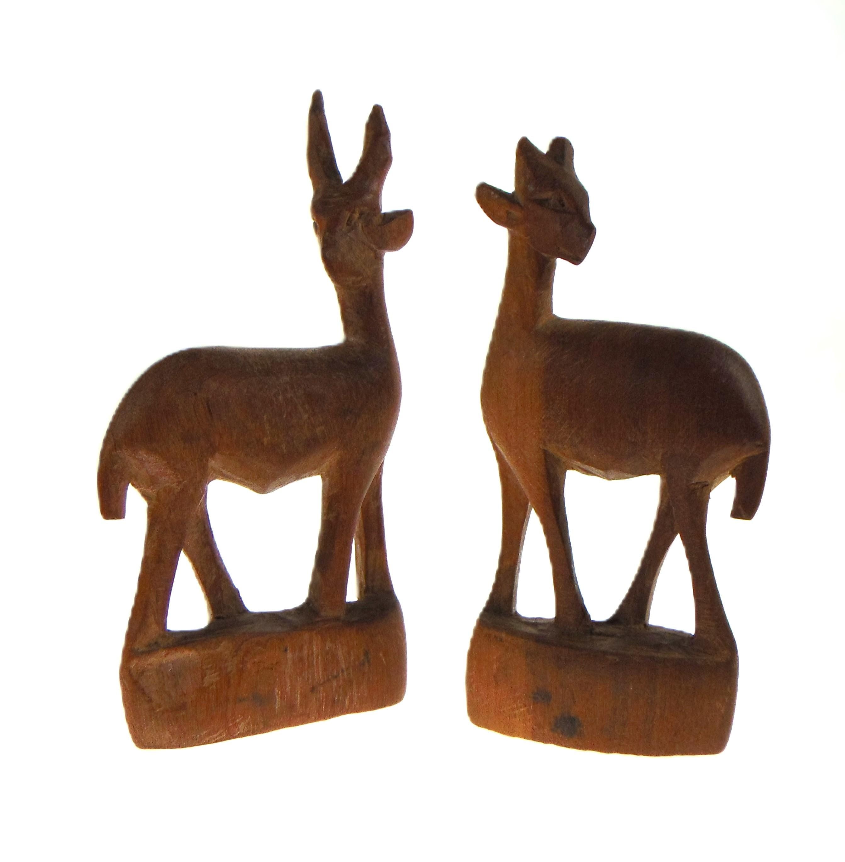 Vintage African Wood Carved Antelope Pair: Mid-Century Animal Decor