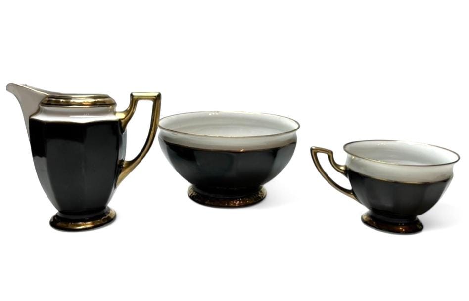 Vintage Black, White & Gold Porcelain Coffee Set Art Deco Style 7-Piece Czech