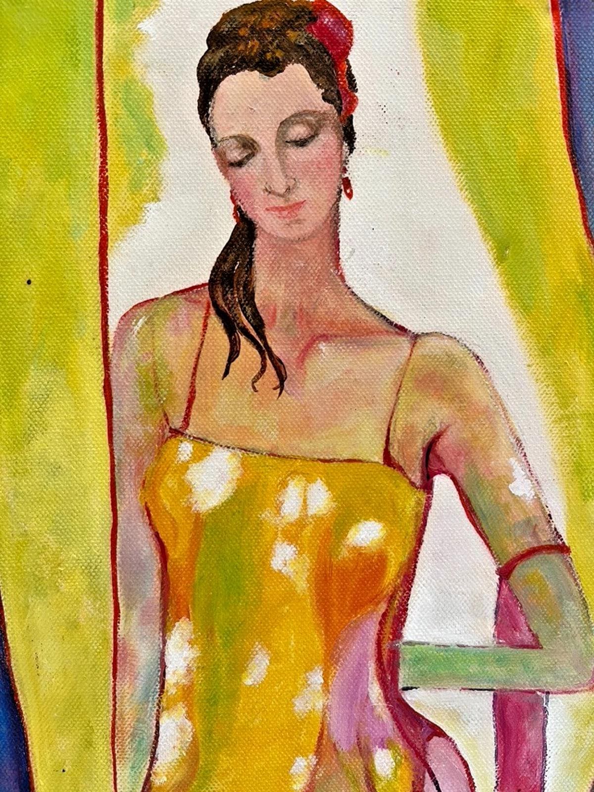 Abstract Acrylic on Canvas Painting of Woman Brightly Painted Woman in Underwear