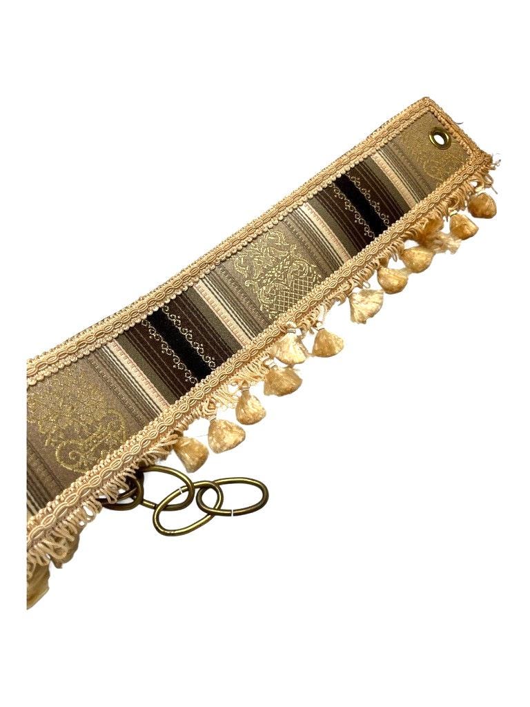 2 Pairs Mid Century Curtain Tie Backs Gold & Brown Fabric with Tassels and Chain