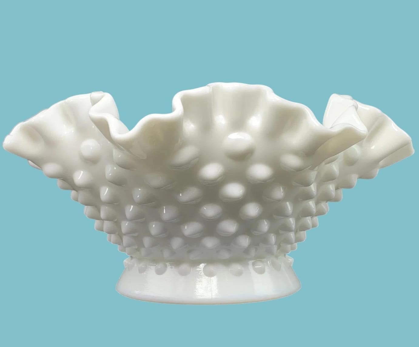 Art Deco Fenton Hobnail Milk Glass Pedestal Bowl Vintage White Vase 20cm