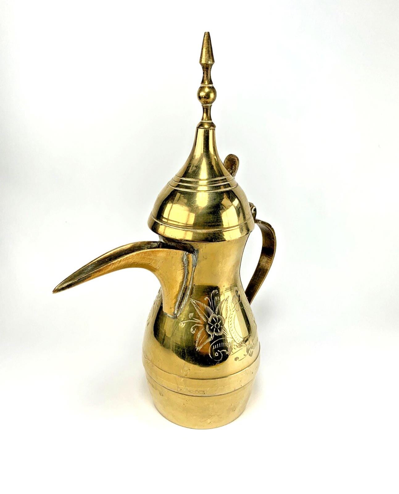 Antique Brass Coffee Pot: Middle Eastern Engraved Pitcher