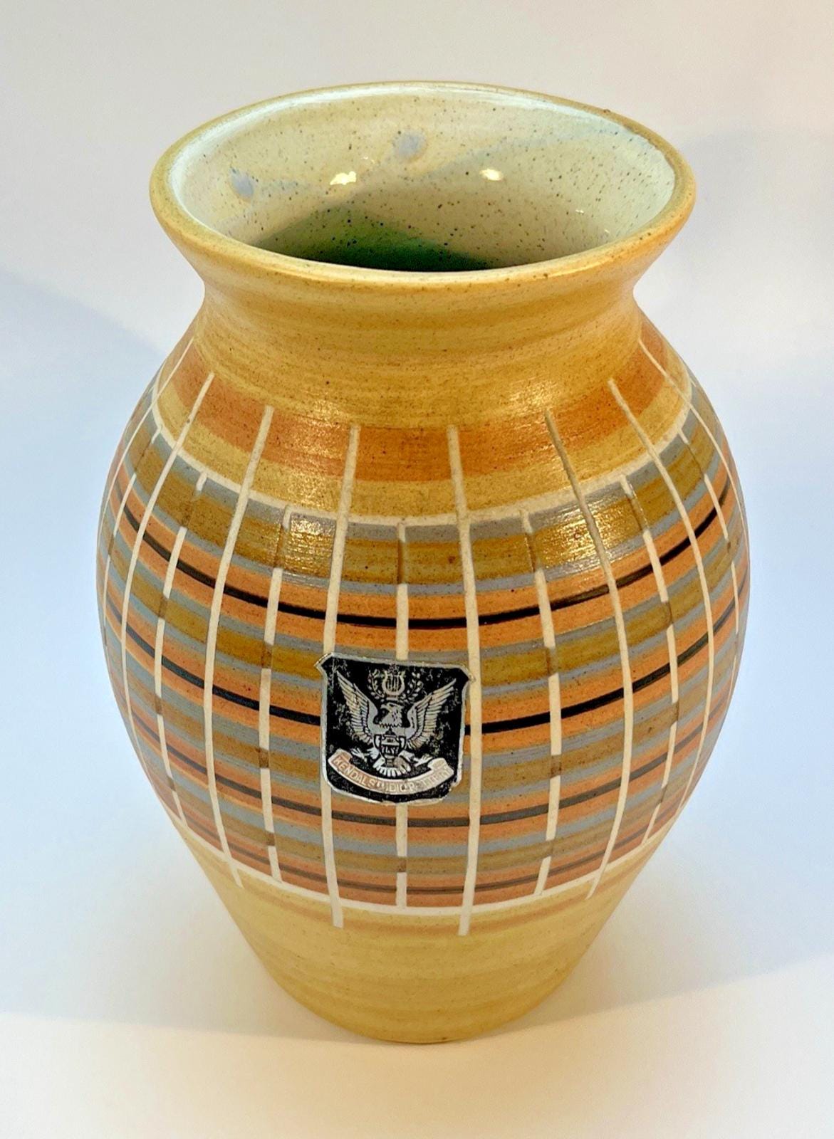 Kendal Pottery Vase Beige, Lake District Pottery Brown & Salmon Vintage H23cm VGC