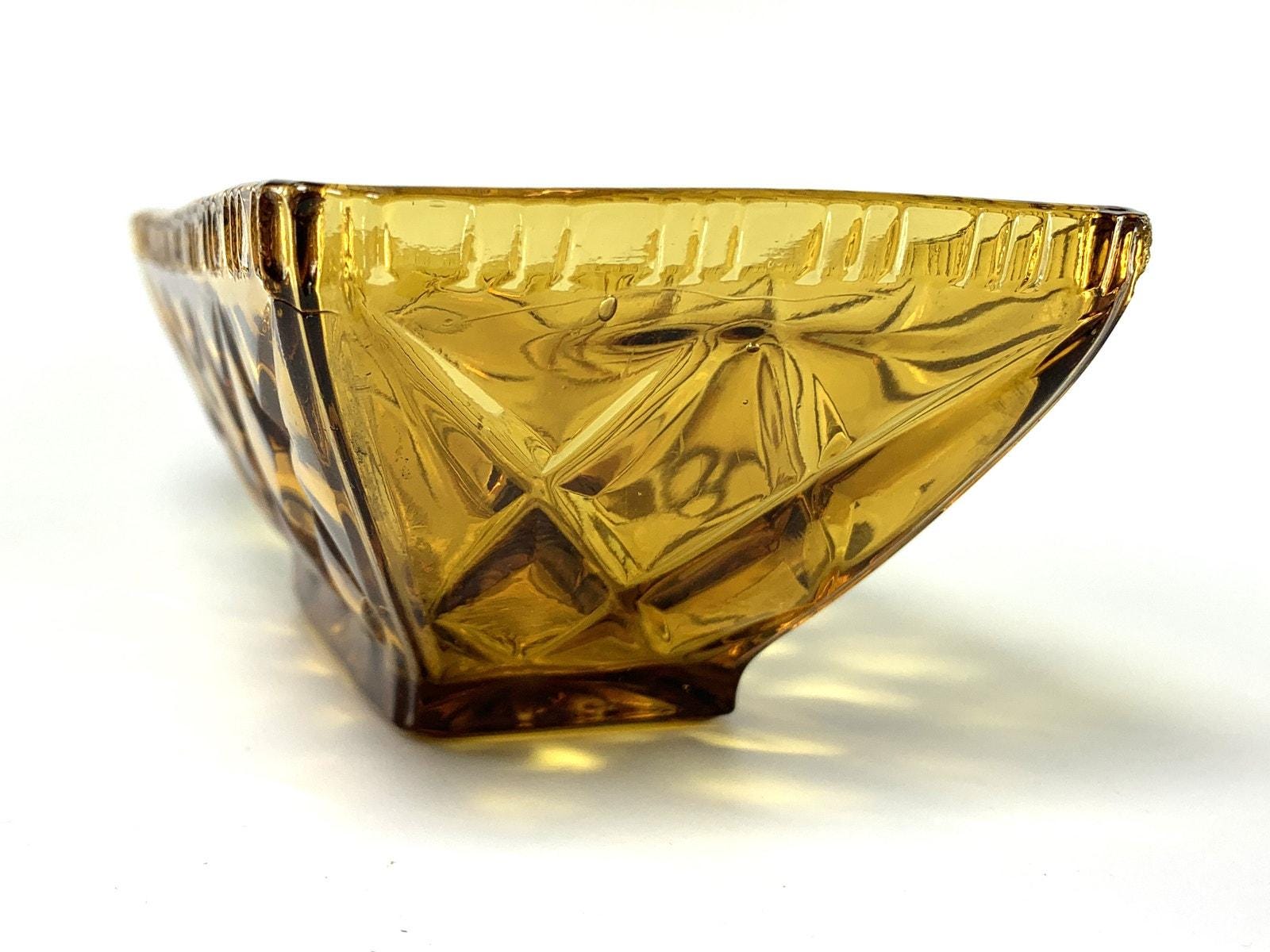 Amber Glass Decorative Bowl in Pale Amber. Depression Glass Dish, Pressed Glass