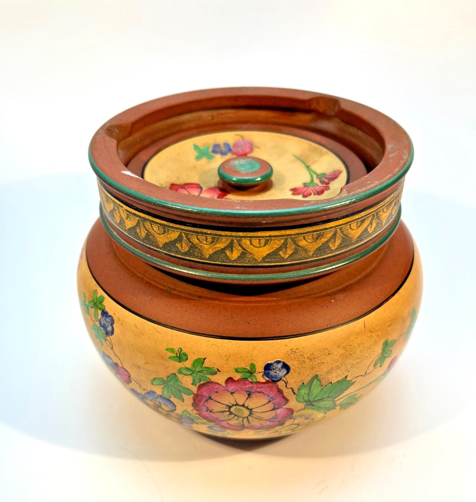 Vintage Pottery Tobacco Jar Handmade Terracotta Hand Painted Tobacciana