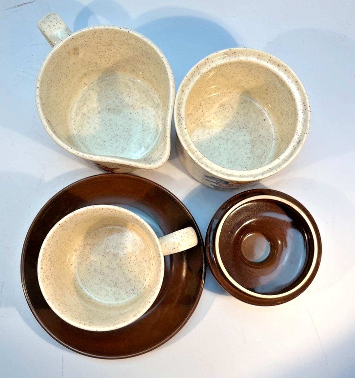 4 Vintage Palissy Royal Worcester Charlotte Cups & Saucers, Milk Jug, Sugar Bowl