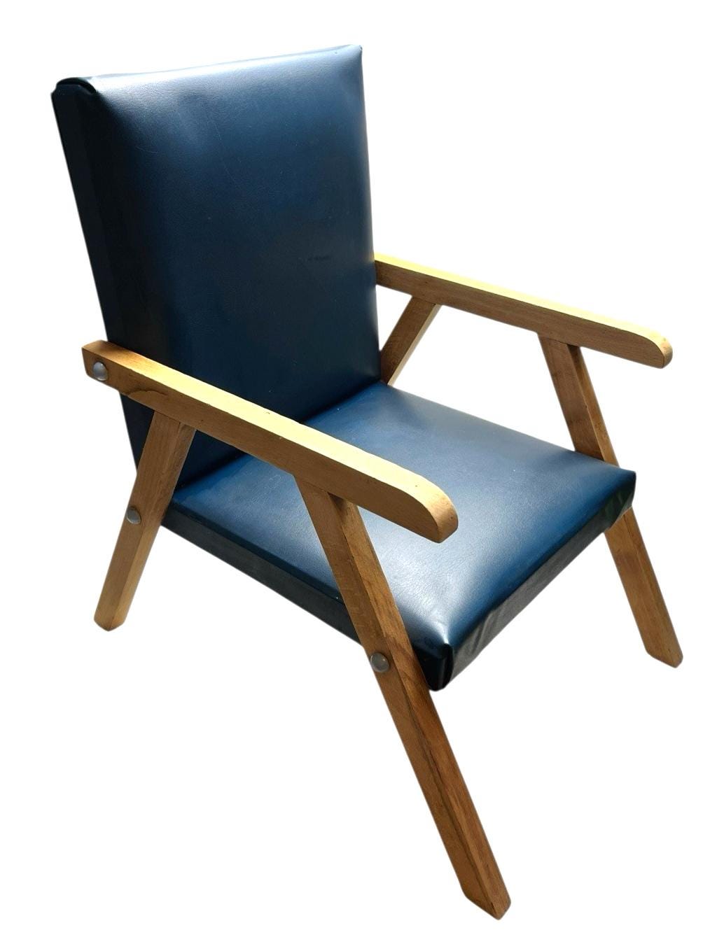 Mid Century Beech & Navy Vinyl Child's Armchair – Retro 1960s Miniature Chair