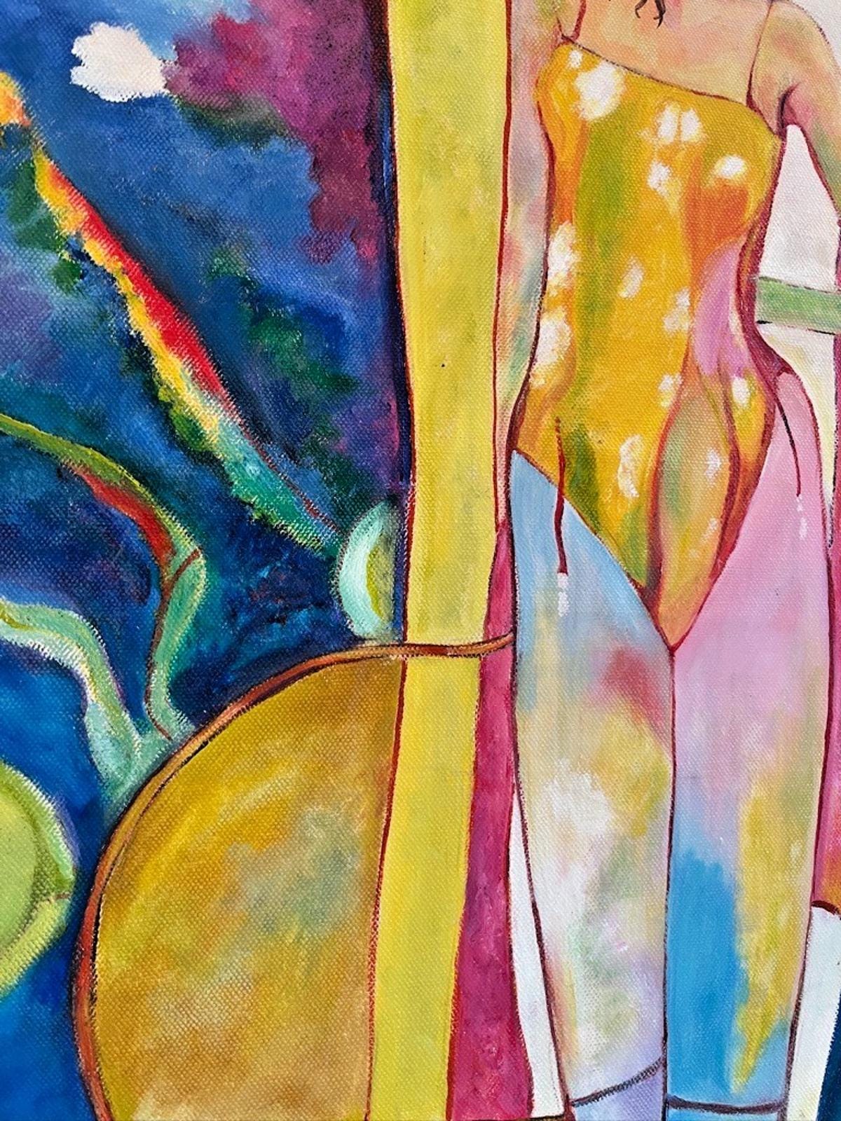 Abstract Acrylic on Canvas Painting of Woman Brightly Painted Woman in Underwear