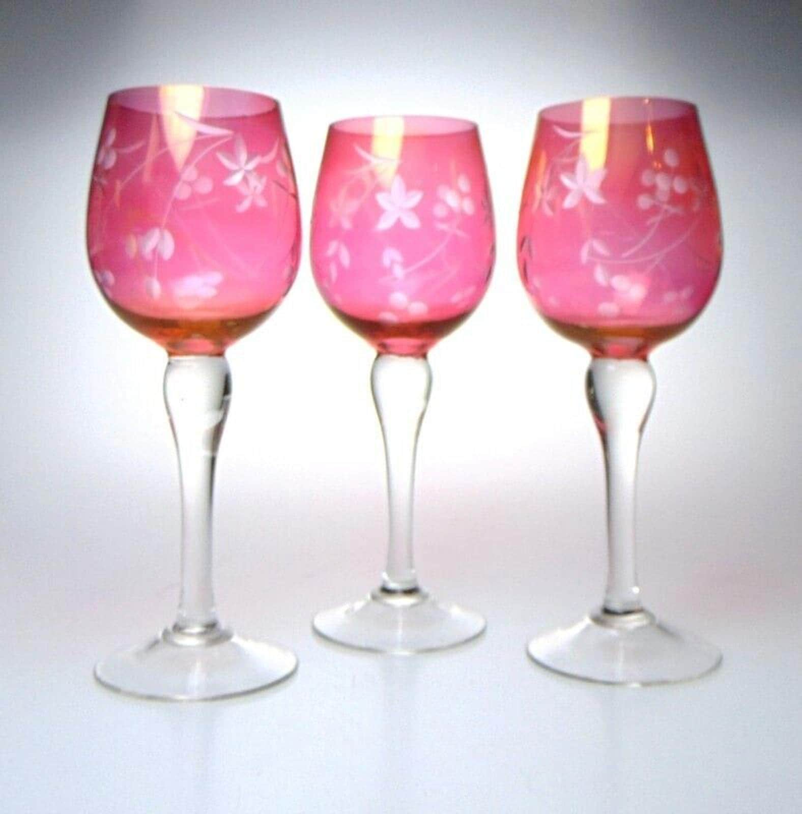 5 Mid Century Crystal Wine Glasses in Cranberry Glass with Etched Floral Detail