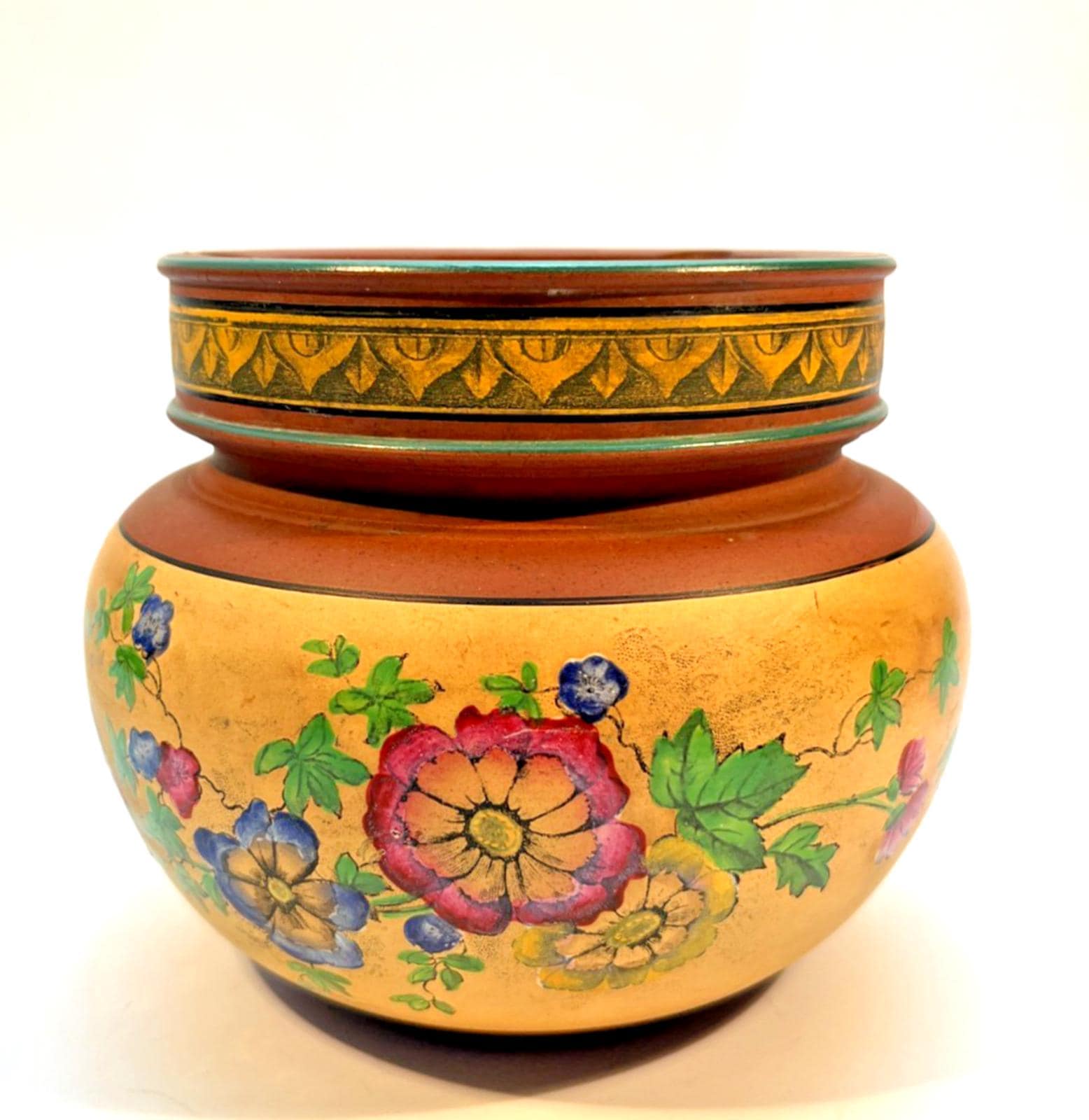 Vintage Pottery Tobacco Jar Handmade Terracotta Hand Painted Tobacciana