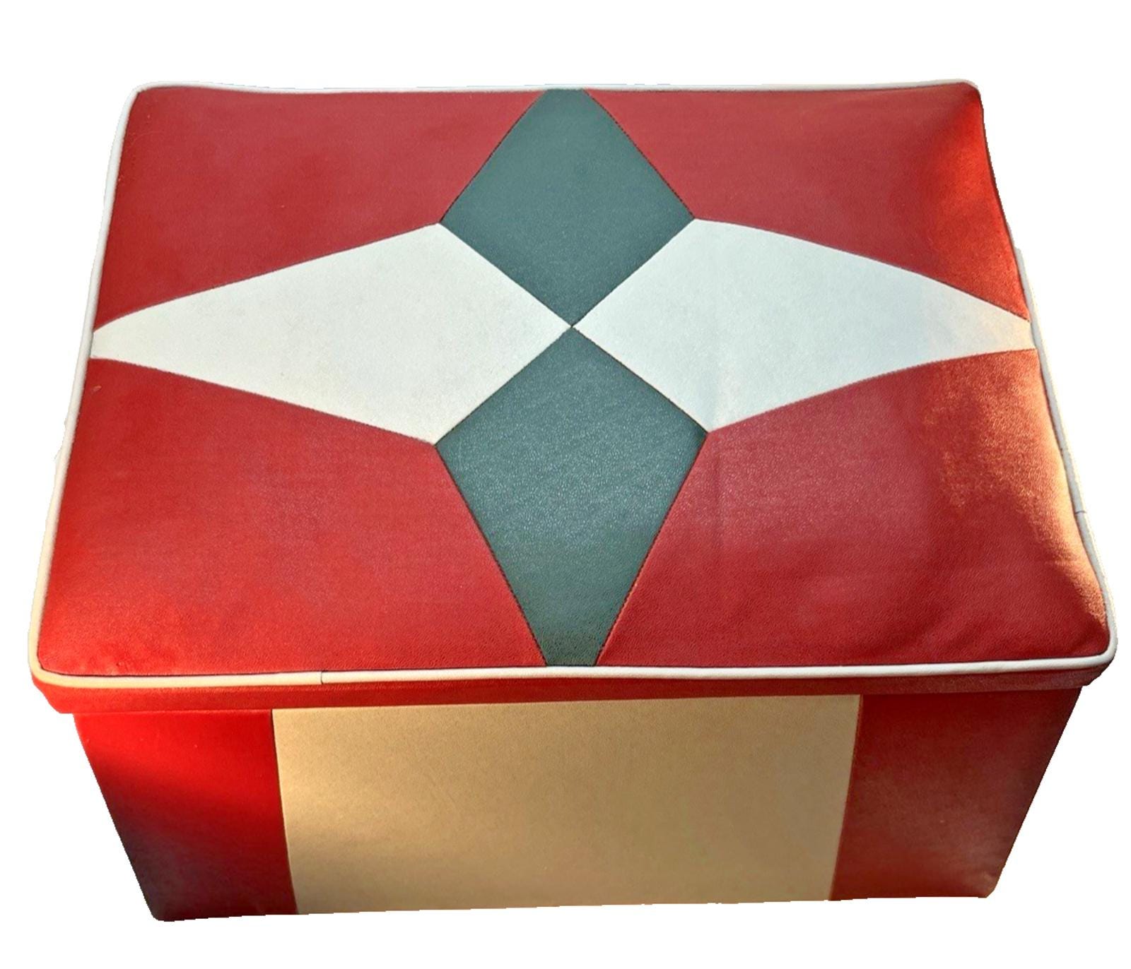 Mid Century Footstool Ottoman Stool Vinyl Red & White with Diamond Pattern Wood