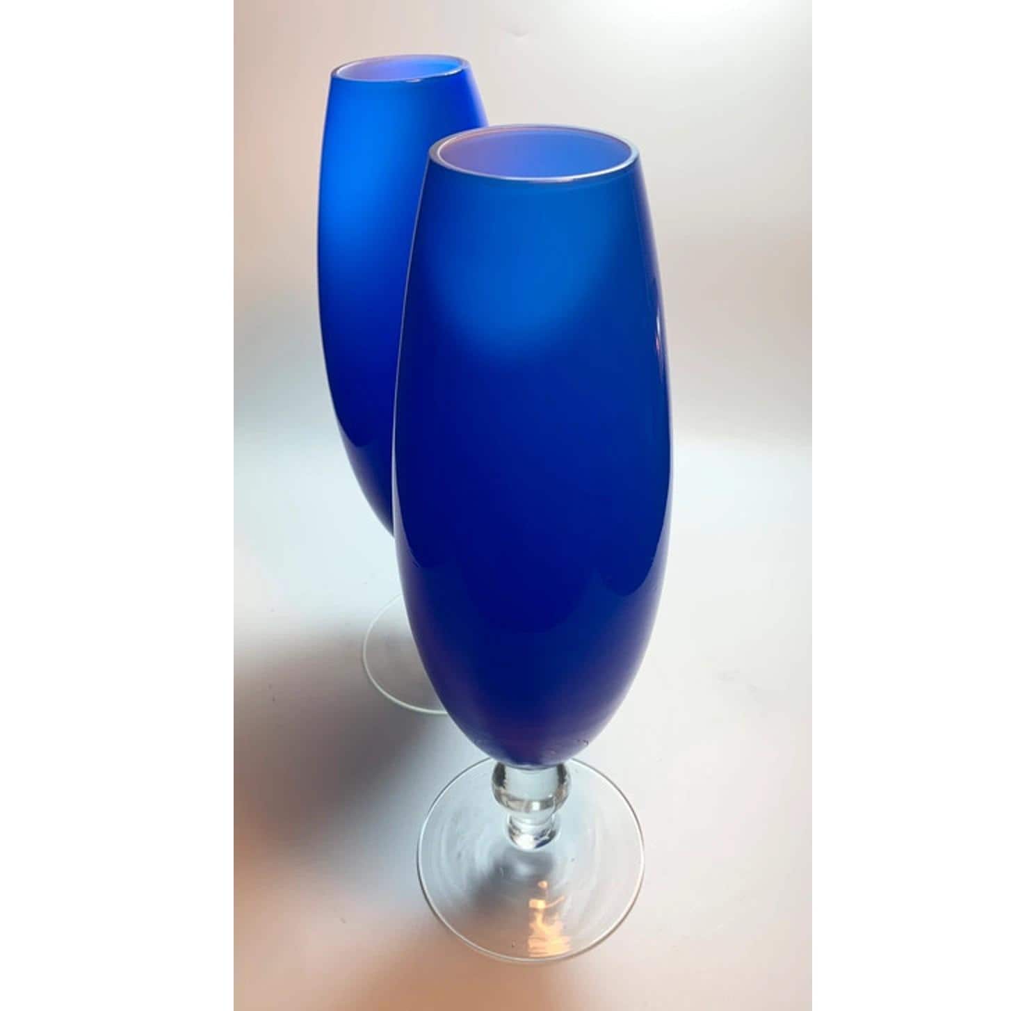 Pair of Mid Century Cobalt Blue Glass Bullet Vases White Interior Torpedo Vases