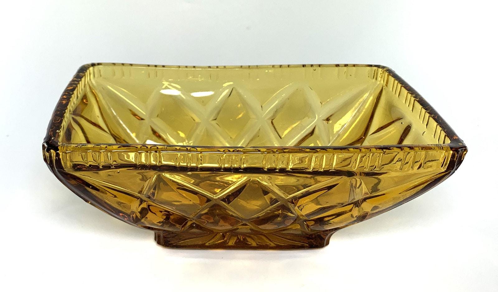 Amber Glass Decorative Bowl in Pale Amber. Depression Glass Dish, Pressed Glass
