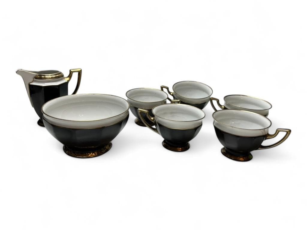 Vintage Black, White & Gold Porcelain Coffee Set Art Deco Style 7-Piece Czech